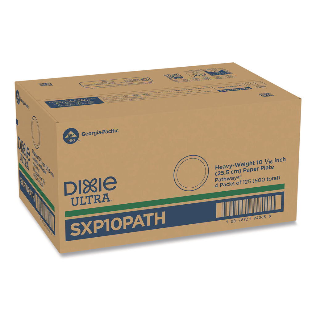 Pathways Soak Proof Shield Heavyweight Paper Plates, WiseSize, 10.13" dia, Green/Burgundy, 500/Carton