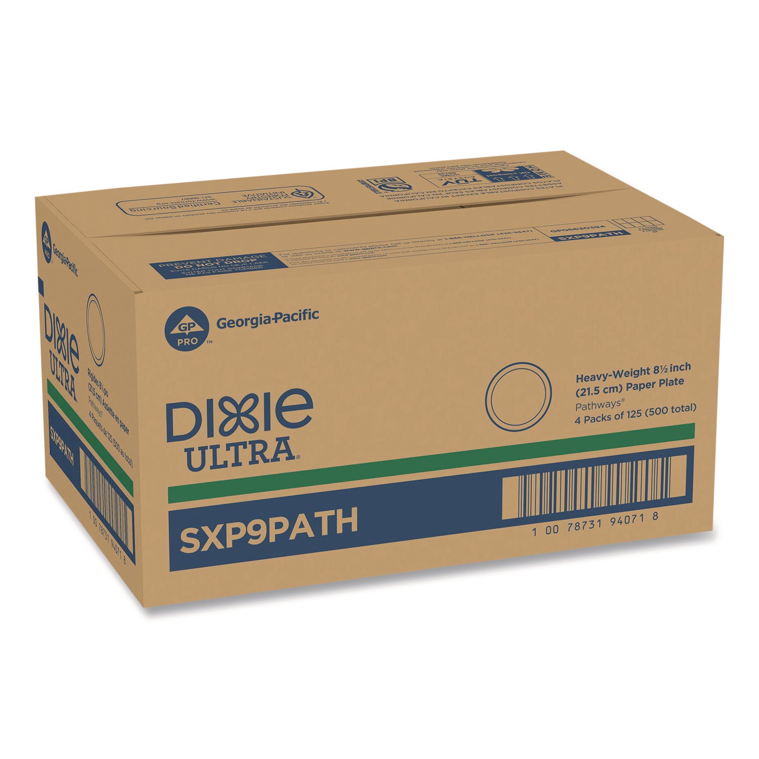 Pathways Soak Proof Shield Heavyweight Paper Plates, WiseSize, 8.5" dia, Green/Burgundy, 500/Carton