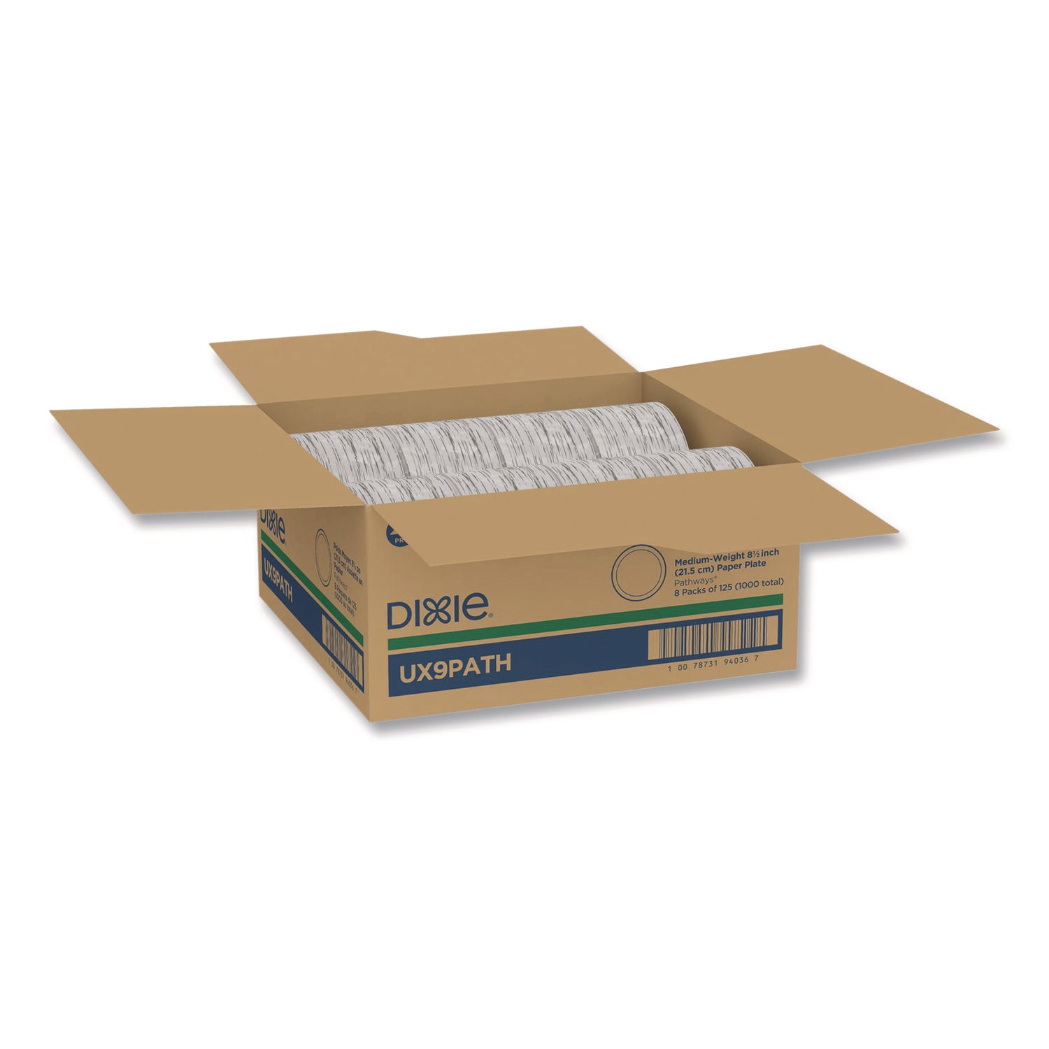 Pathways Soak-Proof Shield Mediumweight Paper Plates, 8.5" dia, Green/Burgundy, 125/Pack
