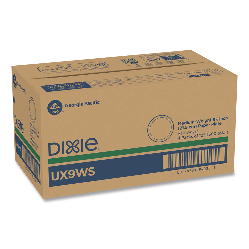 Pathways Soak-Proof Shield Mediumweight Paper Plates, WiseSize, 8.5" dia, Green/Burgundy, 125/Pack, 4 Packs/Carton