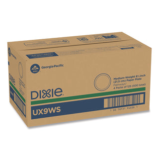 Pathways Soak-Proof Shield Mediumweight Paper Plates, WiseSize, 8.5" dia, Green/Burgundy, 125/Pack, 4 Packs/Carton