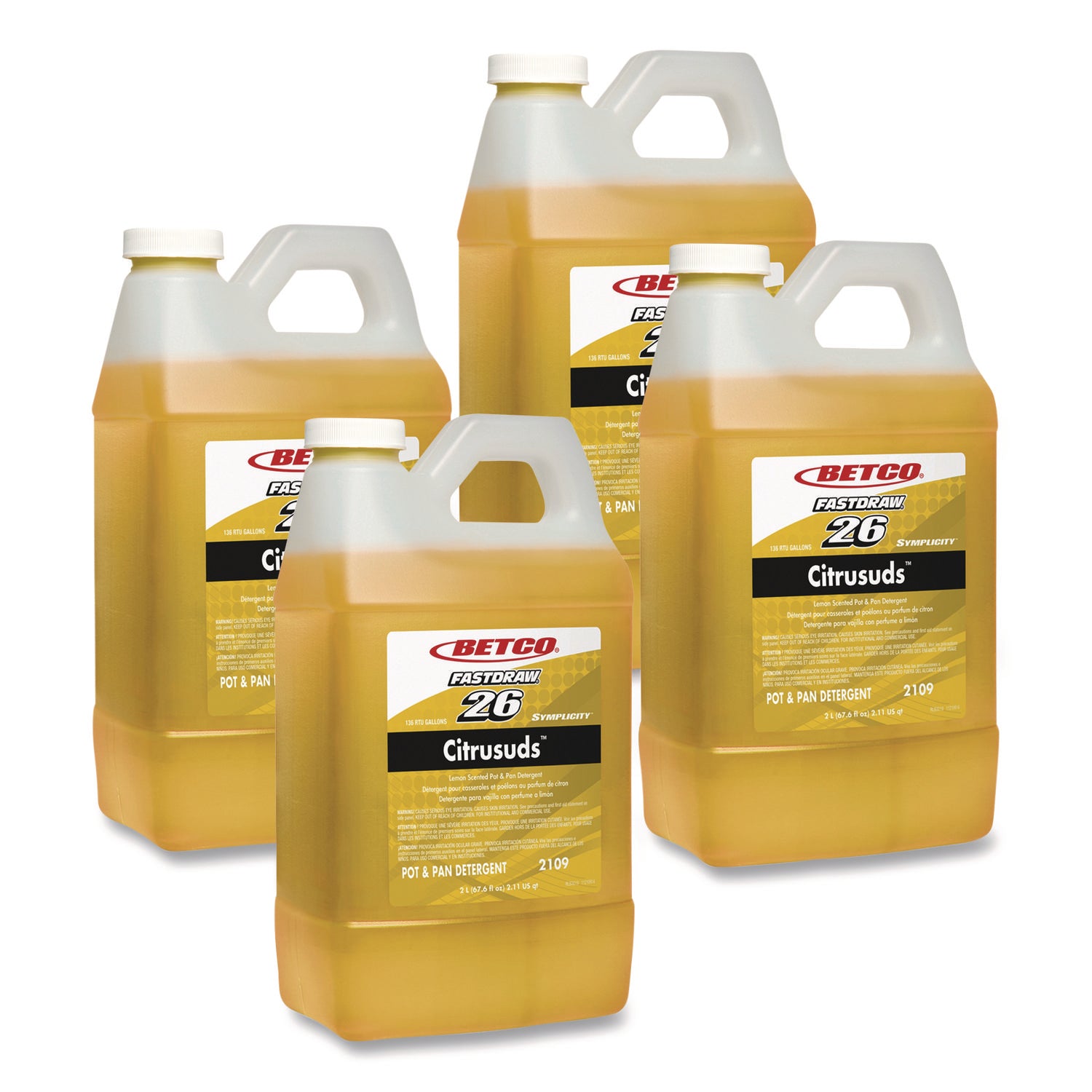 Betco Symplicity Citrusuds Pot/Pan Detergent - FASTDRAW 26 - Concentrate - 67.6 fl oz (2.1 quart) - Lemon Scent - 1 Each - Heavy Duty, Long Lasting, Spill Proof, Phosphate-free - Yellow
