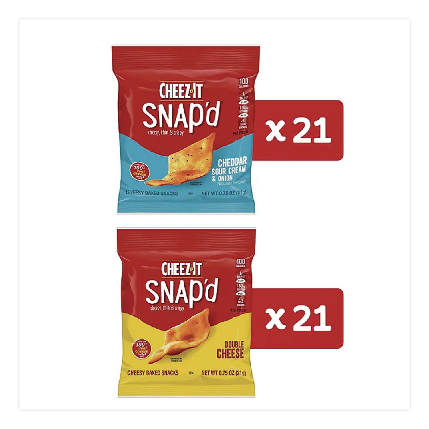 Snap'd Crackers Variety Pack, Cheddar Sour Cream and Onion; Double Cheese, 0.75 oz Bag, 42/Carton