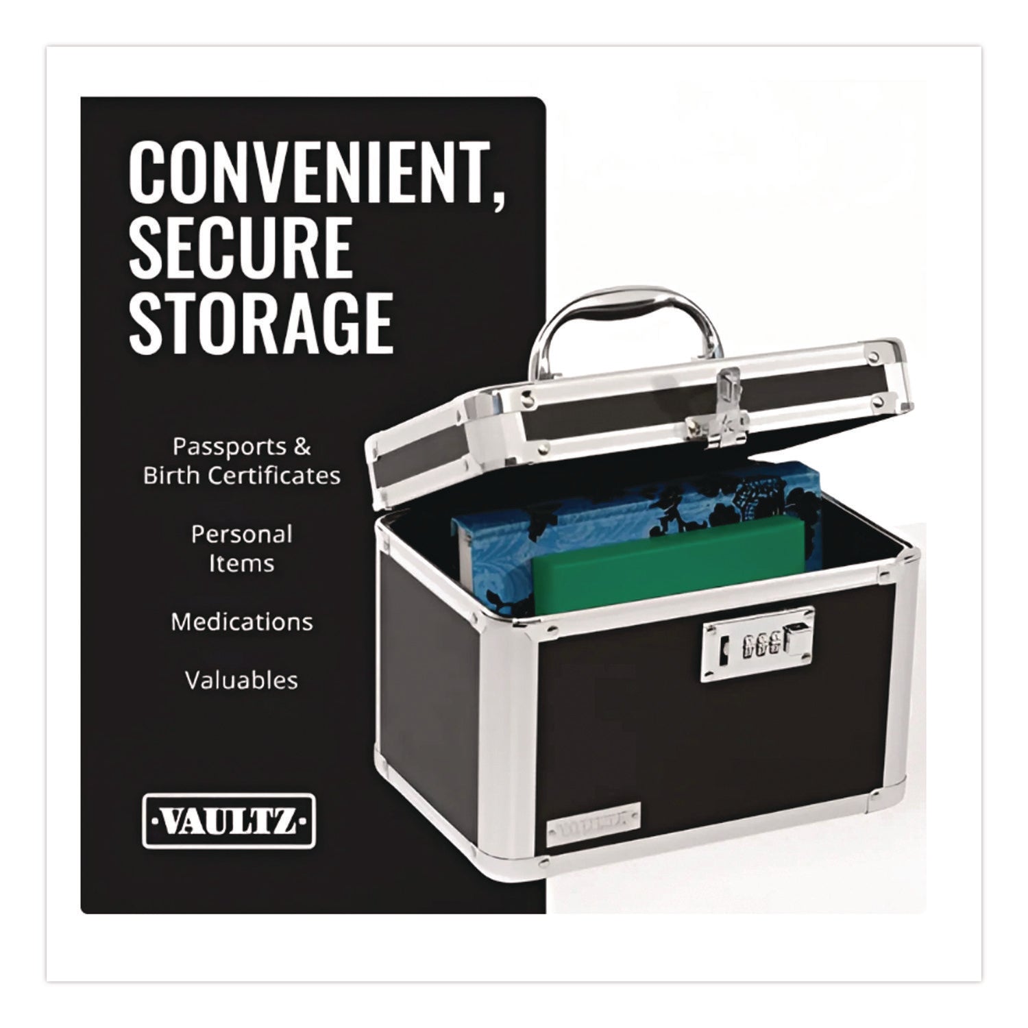 Latching Lid Locking Personal Security Box, Combination Lock, 10 x 7.5 x 7.75, Plastic; Steel; Aluminum, Black
