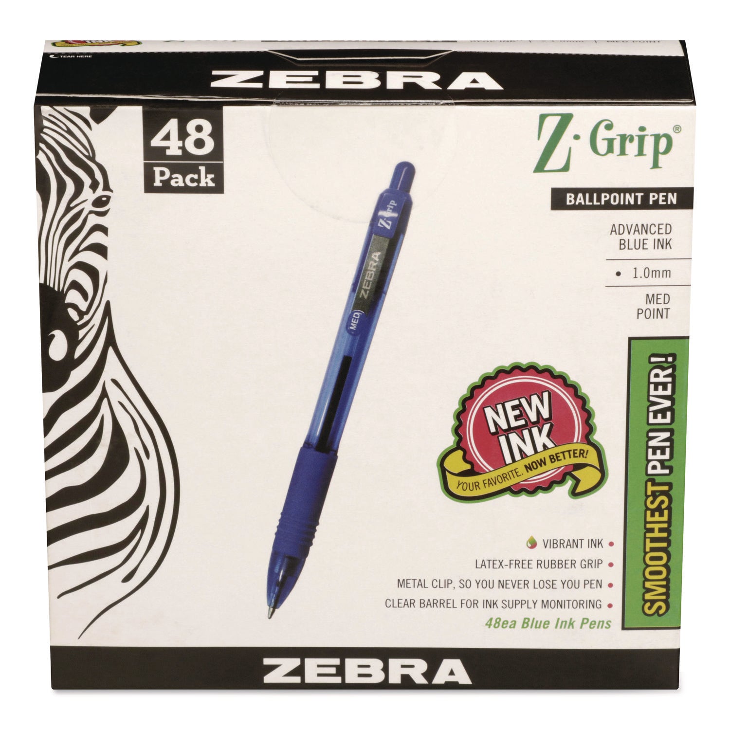 Zebra Z-Grip Retractable Ballpoint Pens - Medium Pen Point - 1 mm Pen Point Size - Retractable - Blue - Clear Plastic Barrel - 48 / Pack