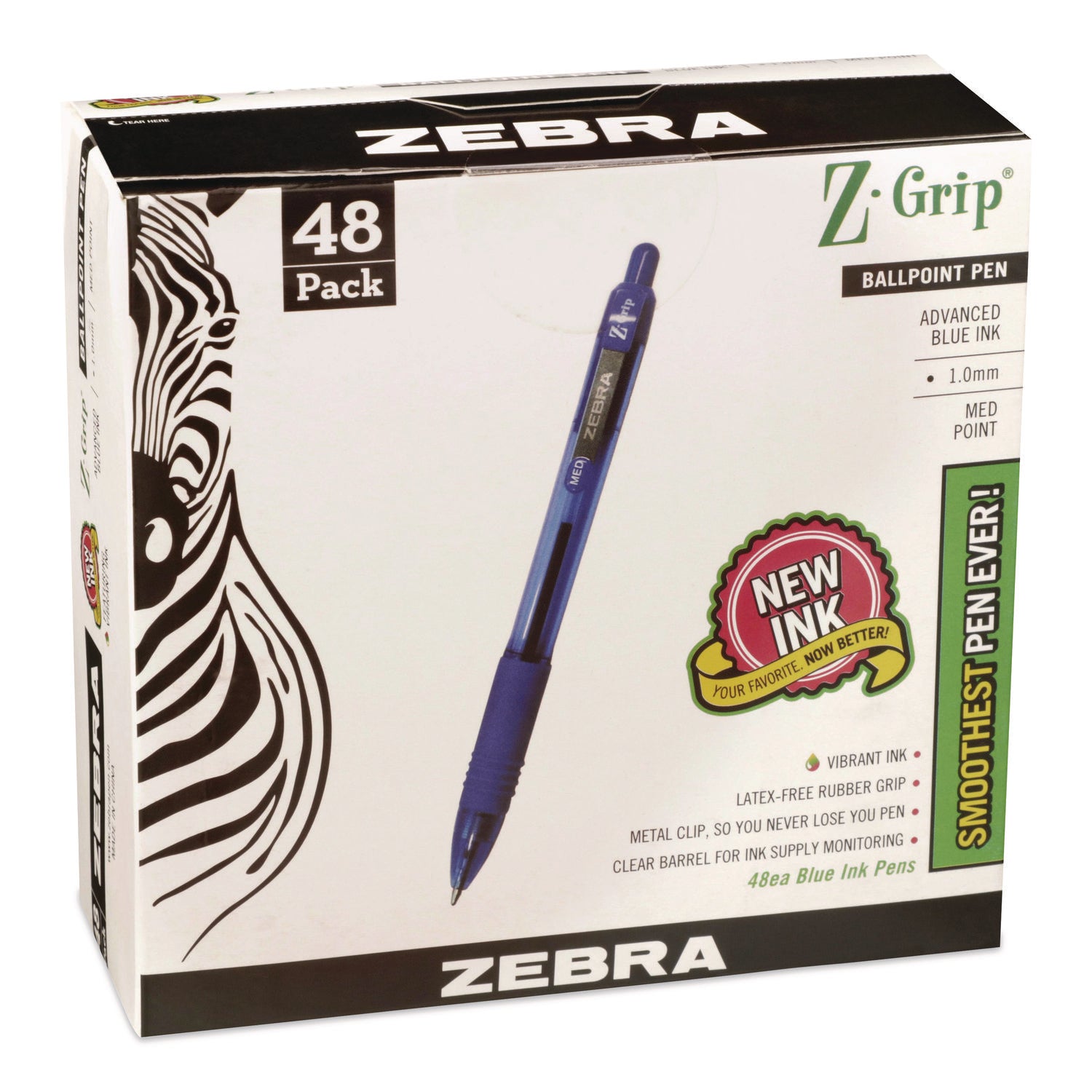 Zebra Z-Grip Retractable Ballpoint Pens - Medium Pen Point - 1 mm Pen Point Size - Retractable - Blue - Clear Plastic Barrel - 48 / Pack