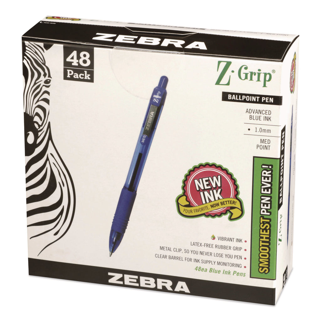 Zebra Z-Grip Retractable Ballpoint Pens - Medium Pen Point - 1 mm Pen Point Size - Retractable - Blue - Clear Plastic Barrel - 48 / Pack