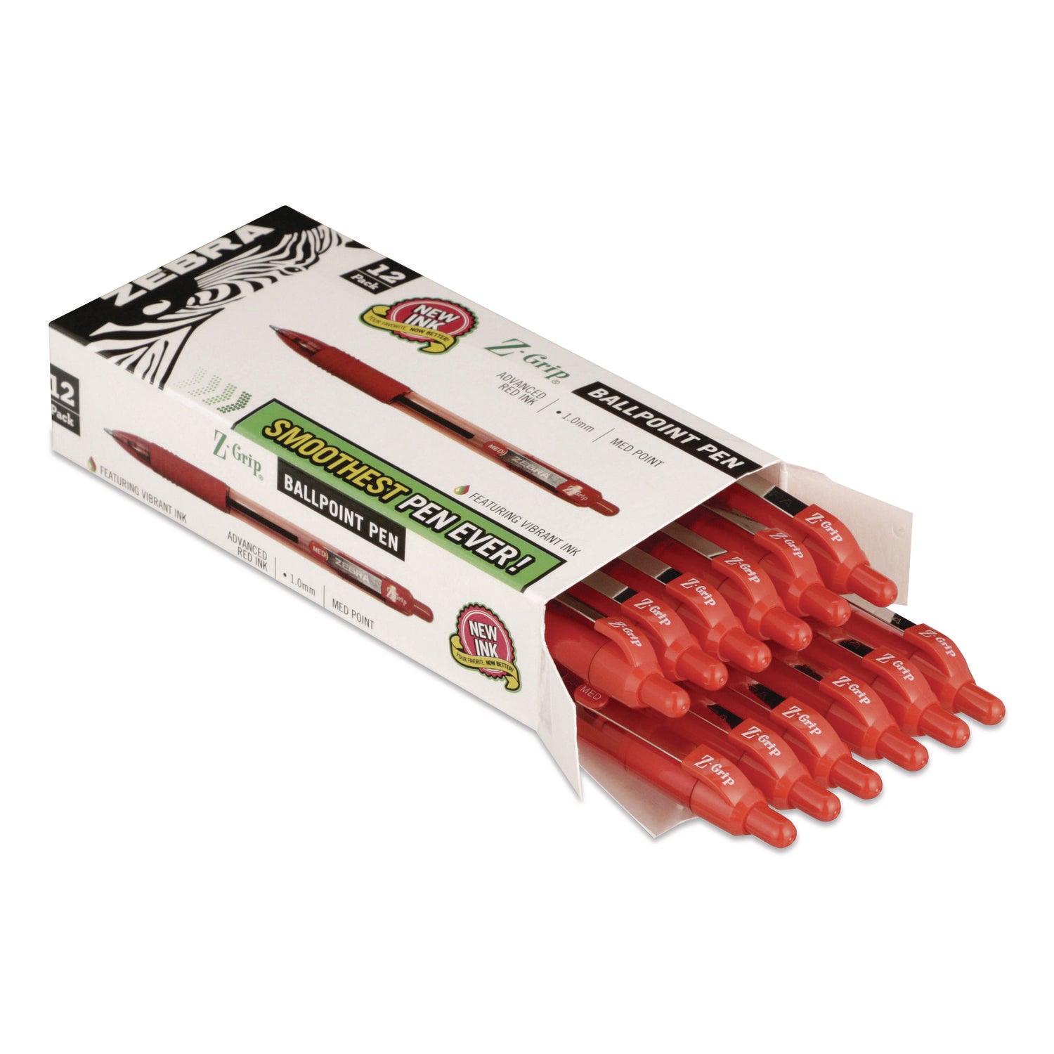 Zebra Z-Grip Retractable Ballpoint Pens - Medium Pen Point - 1 mm Pen Point Size - Retractable - Red - Clear, Red Barrel - 12 / Dozen