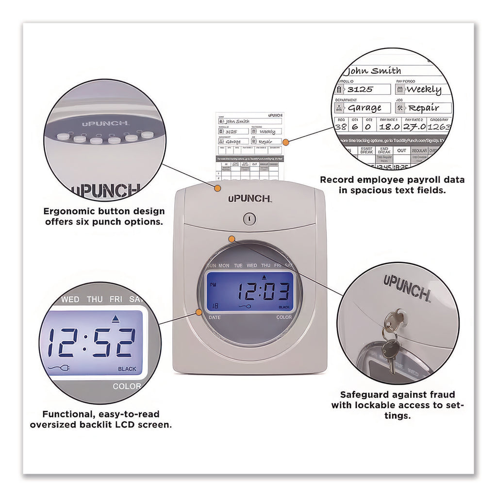 UB2000 Electronic Calculating Time Clock Bundle, LCD Display, Gray