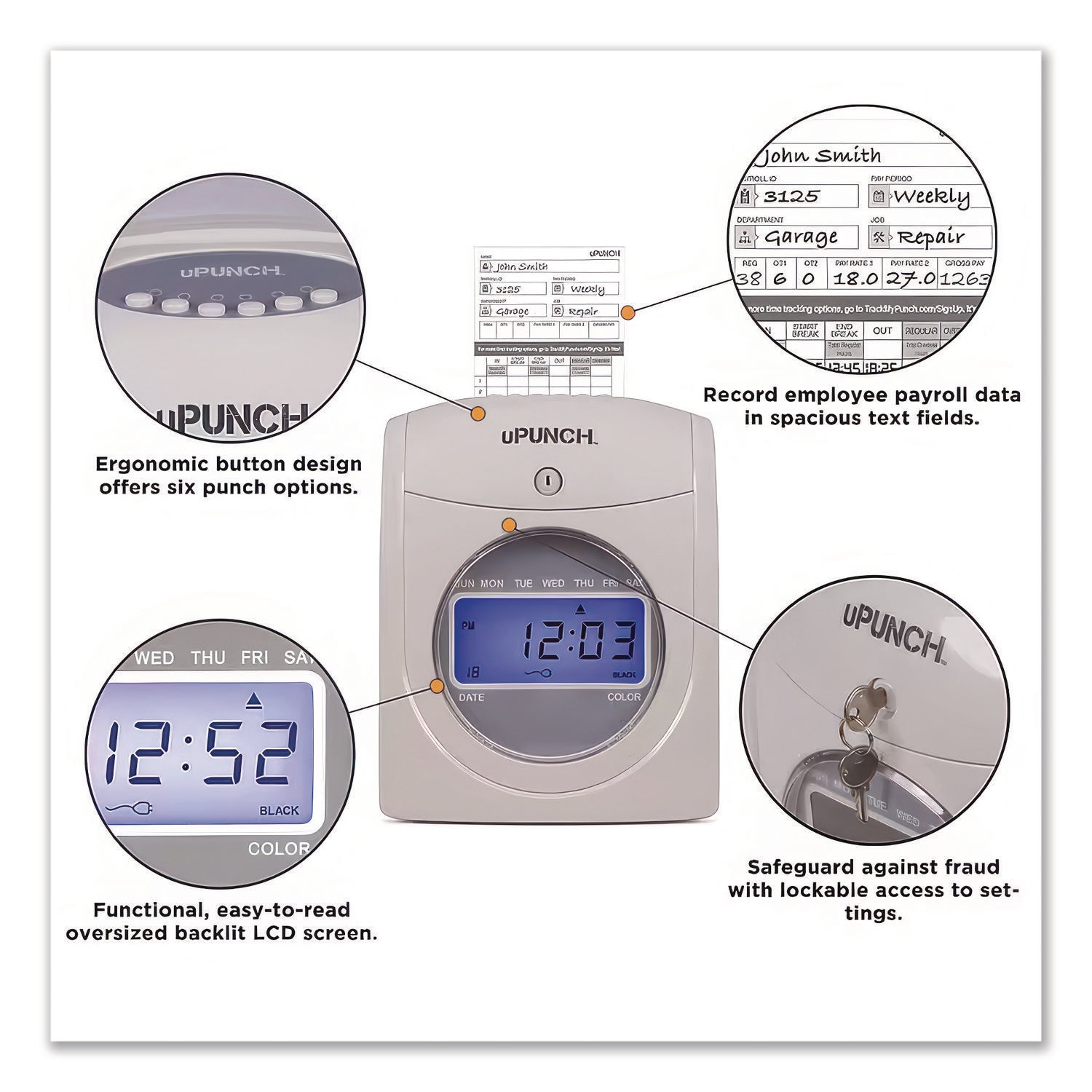 UB2000 Electronic Calculating Time Clock Bundle, LCD Display, Gray