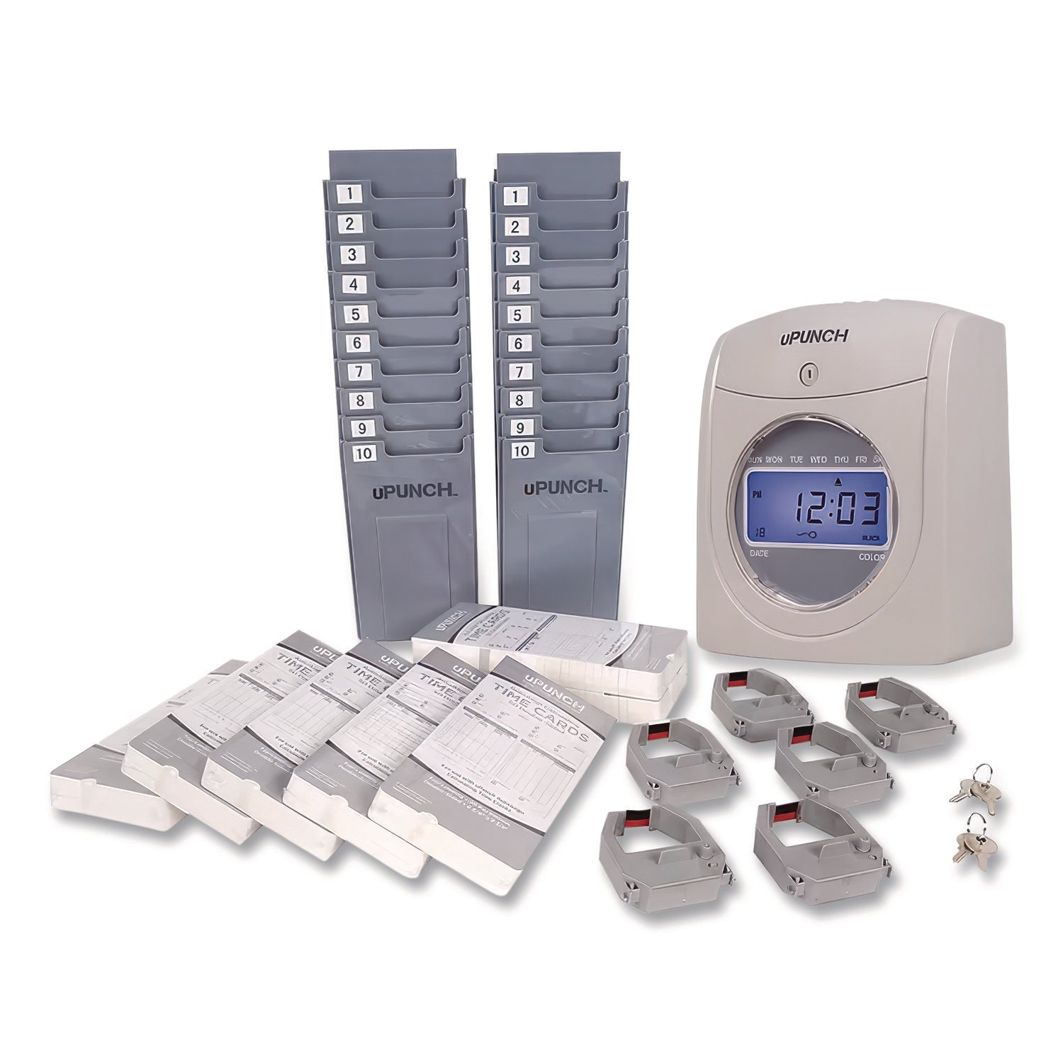 UB2000 Electronic Calculating Time Clock Bundle, LCD Display, Gray
