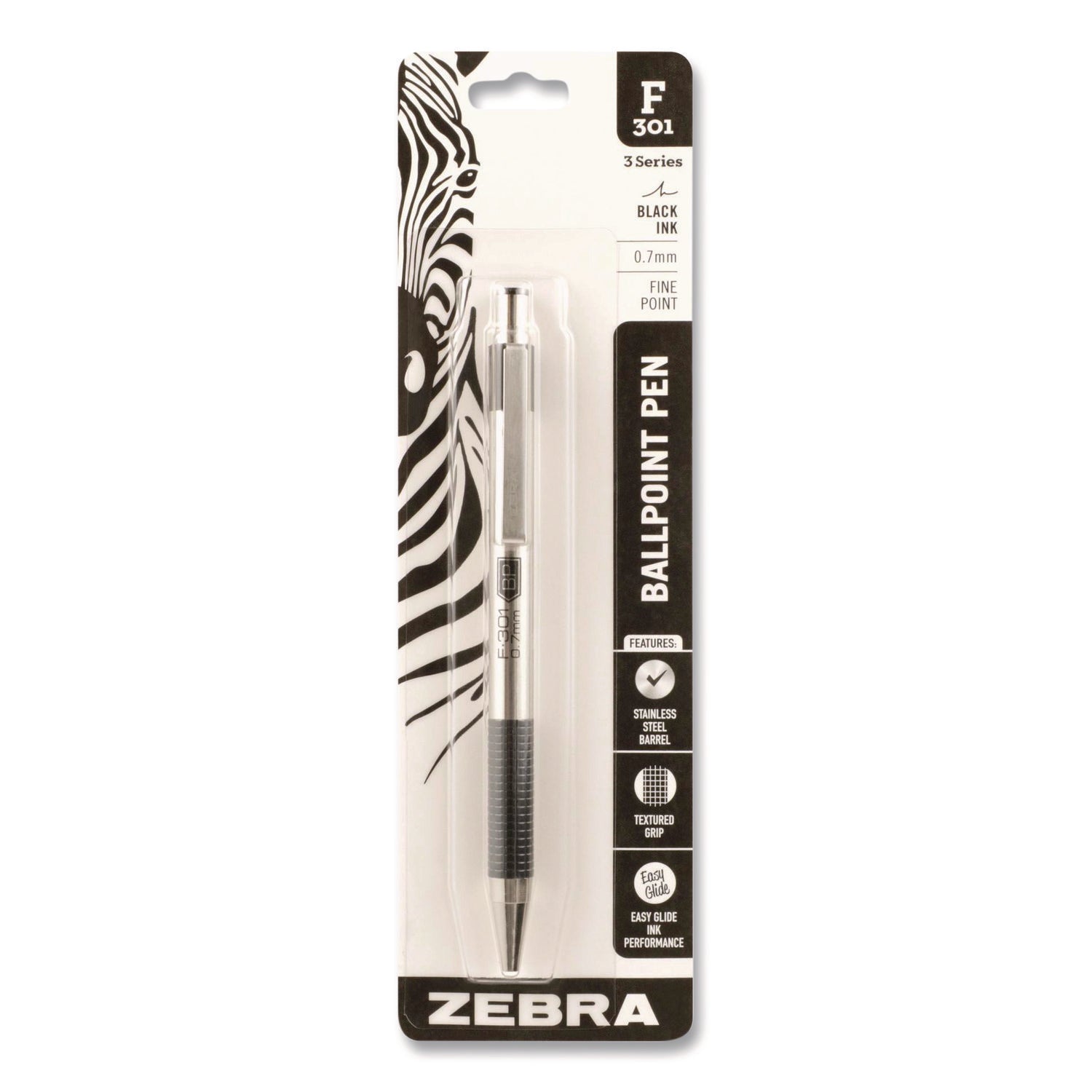 Zebra STEEL 3 Series F-301 Retractable Ballpoint Pen - Fine Pen Point - 0.7 mm Pen Point Size - Refillable - Retractable - Black - Stainless Steel Barrel - 1 Each