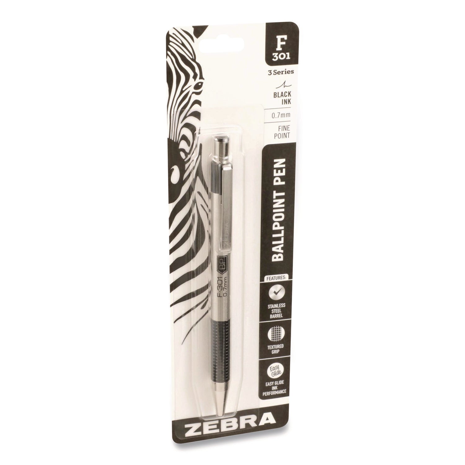 Zebra STEEL 3 Series F-301 Retractable Ballpoint Pen - Fine Pen Point - 0.7 mm Pen Point Size - Refillable - Retractable - Black - Stainless Steel Barrel - 1 Each