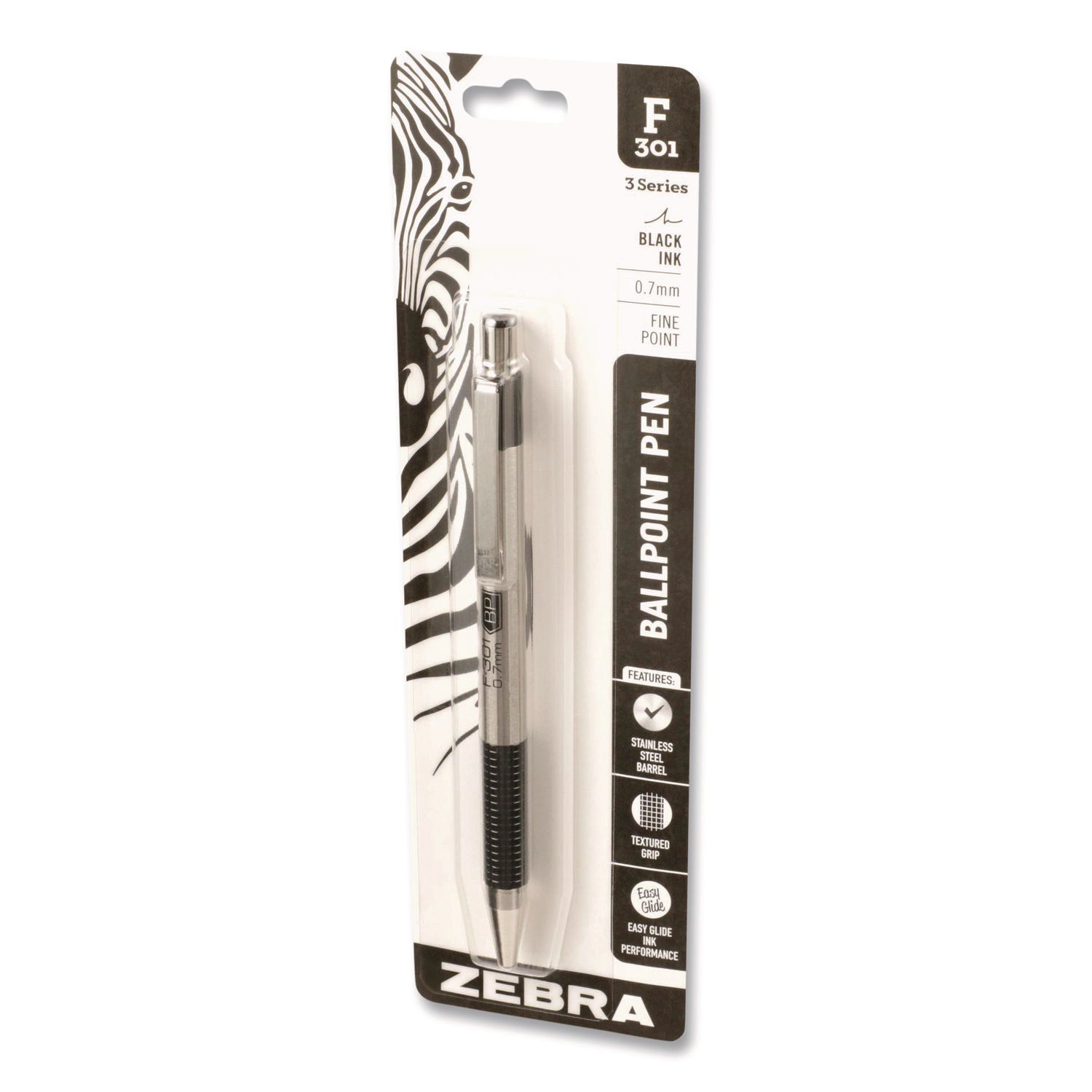 Zebra STEEL 3 Series F-301 Retractable Ballpoint Pen - Fine Pen Point - 0.7 mm Pen Point Size - Refillable - Retractable - Black - Stainless Steel Barrel - 1 Each