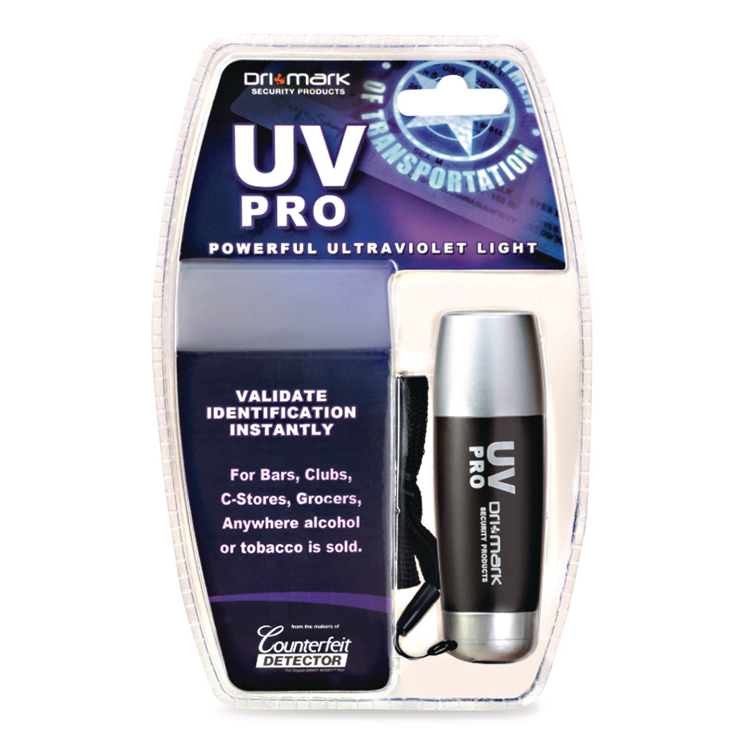 UV Pro Ultraviolet Counterfeit Detecto, UV Light; Watermark, U.S.; Most Foreign Currencies, 7.28 x 3.74 x 4.21, Black/Silver
