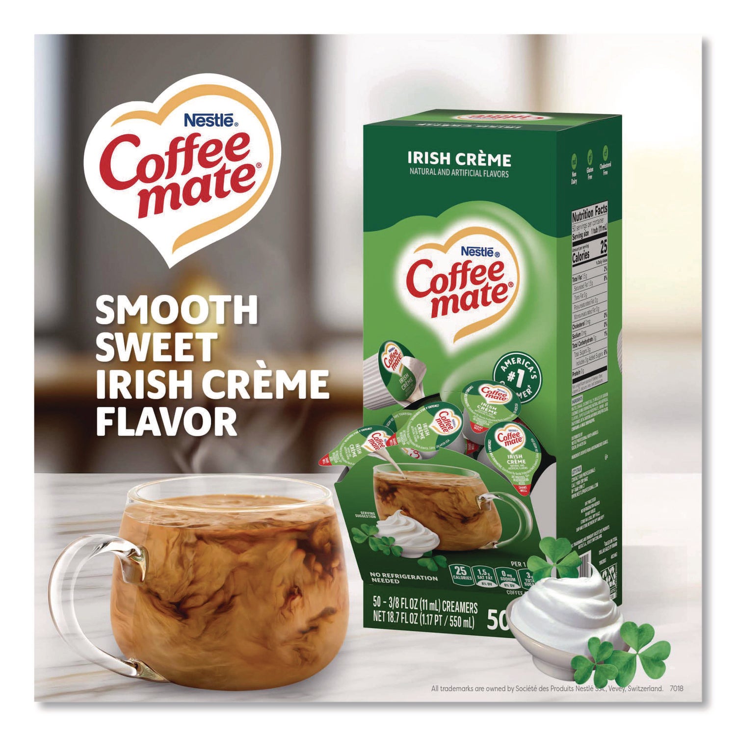 Liquid Coffee Creamer, Irish Creme, 0.38 oz Mini Cups, 50/Box, 4 Boxes/Carton, 200 Total/Carton