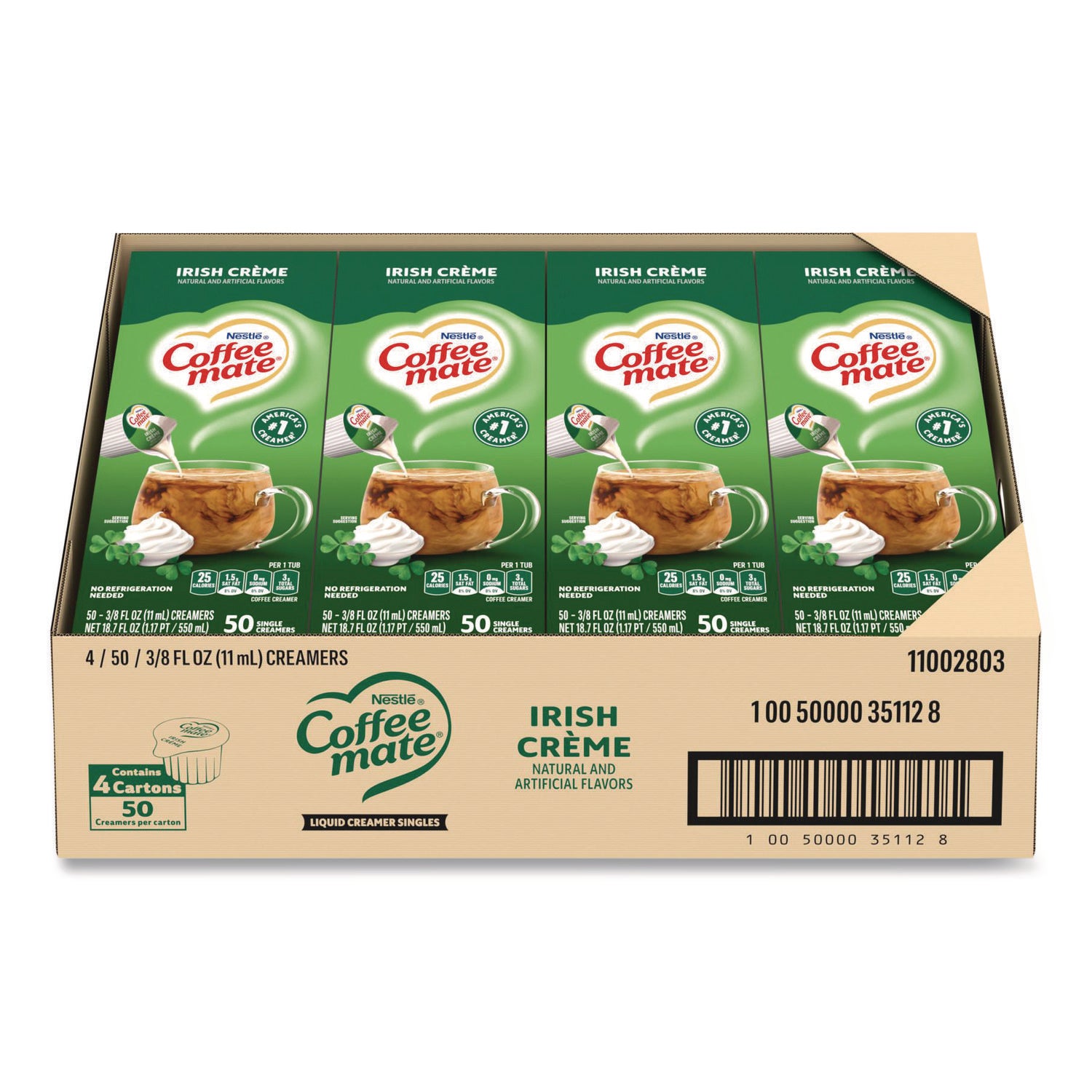 Liquid Coffee Creamer, Irish Creme, 0.38 oz Mini Cups, 50/Box, 4 Boxes/Carton, 200 Total/Carton