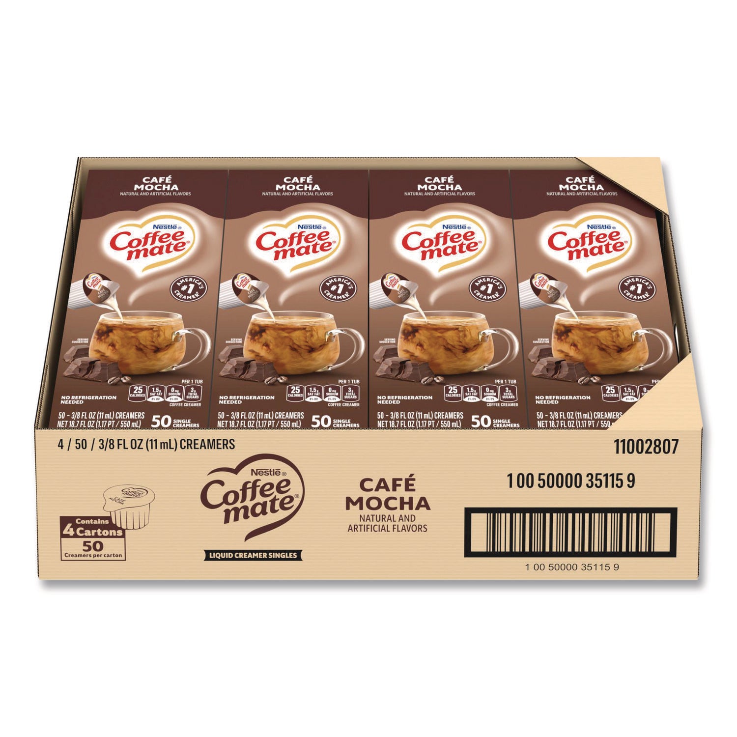 Liquid Coffee Creamer, Cafe Mocha, 0.38 oz Mini Cups, 50/Box, 4 Boxes/Carton, 200 Total/Carton