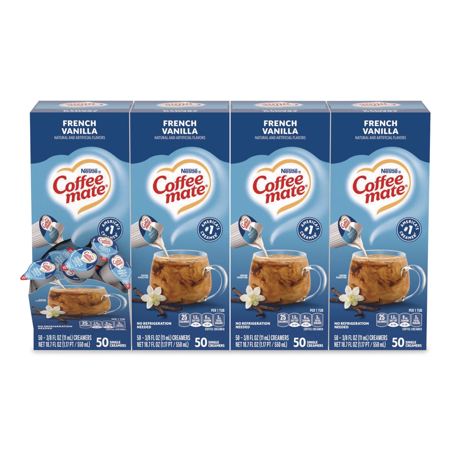 Liquid Coffee Creamer, French Vanilla, 0.38 oz Mini Cups, 50/Box, 4 Boxes/Carton, 200 Total/Carton
