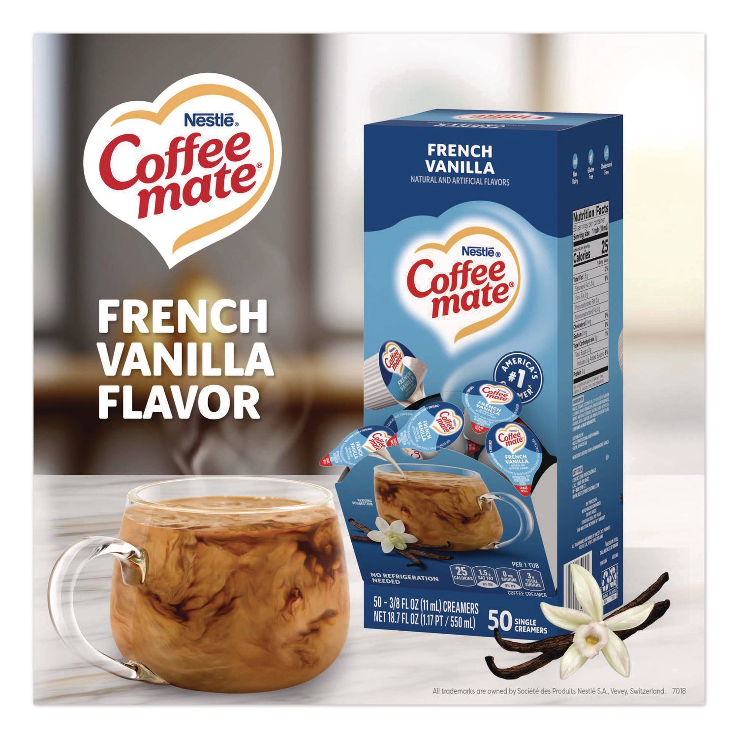 Liquid Coffee Creamer, French Vanilla, 0.38 oz Mini Cups, 50/Box, 4 Boxes/Carton, 200 Total/Carton