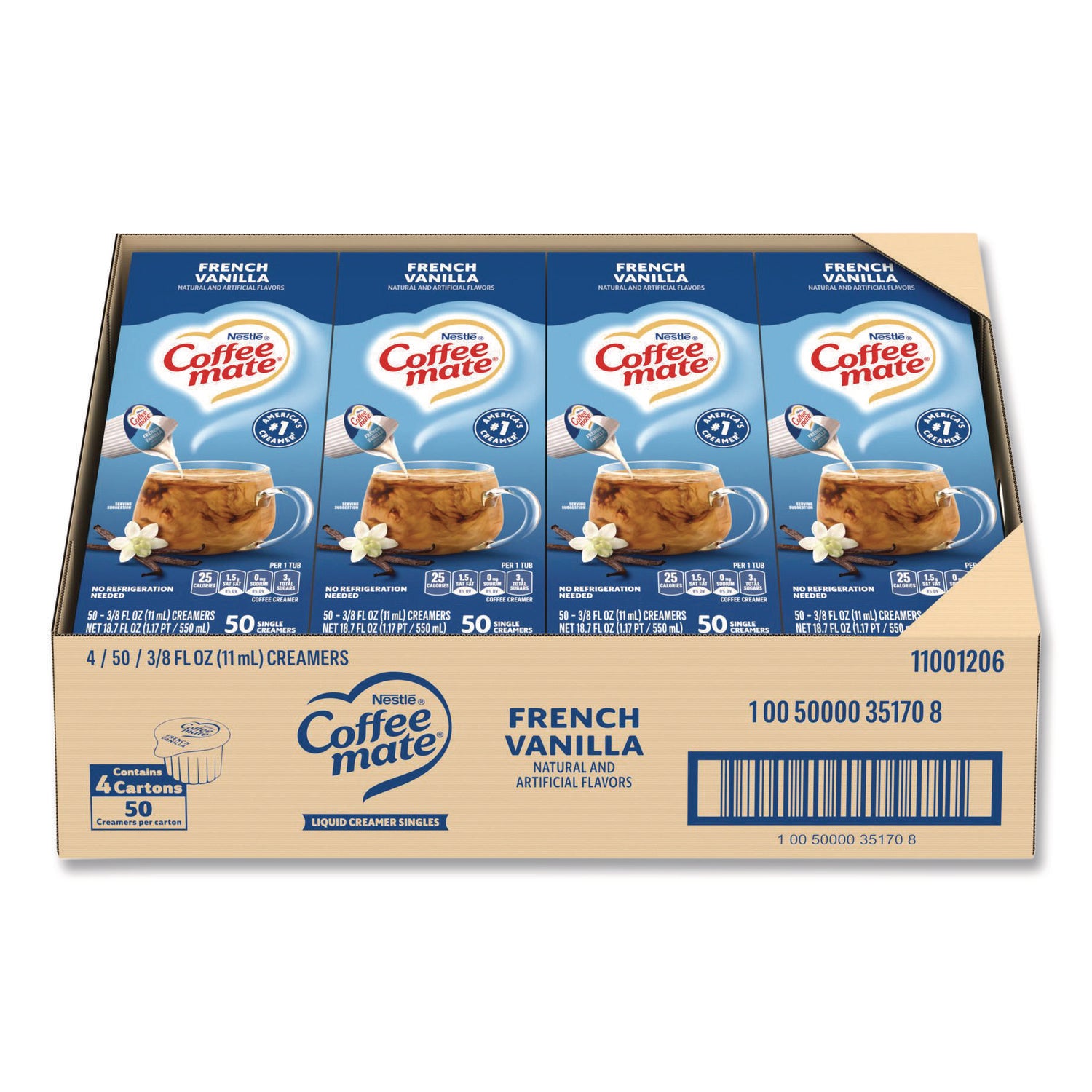 Liquid Coffee Creamer, French Vanilla, 0.38 oz Mini Cups, 50/Box, 4 Boxes/Carton, 200 Total/Carton