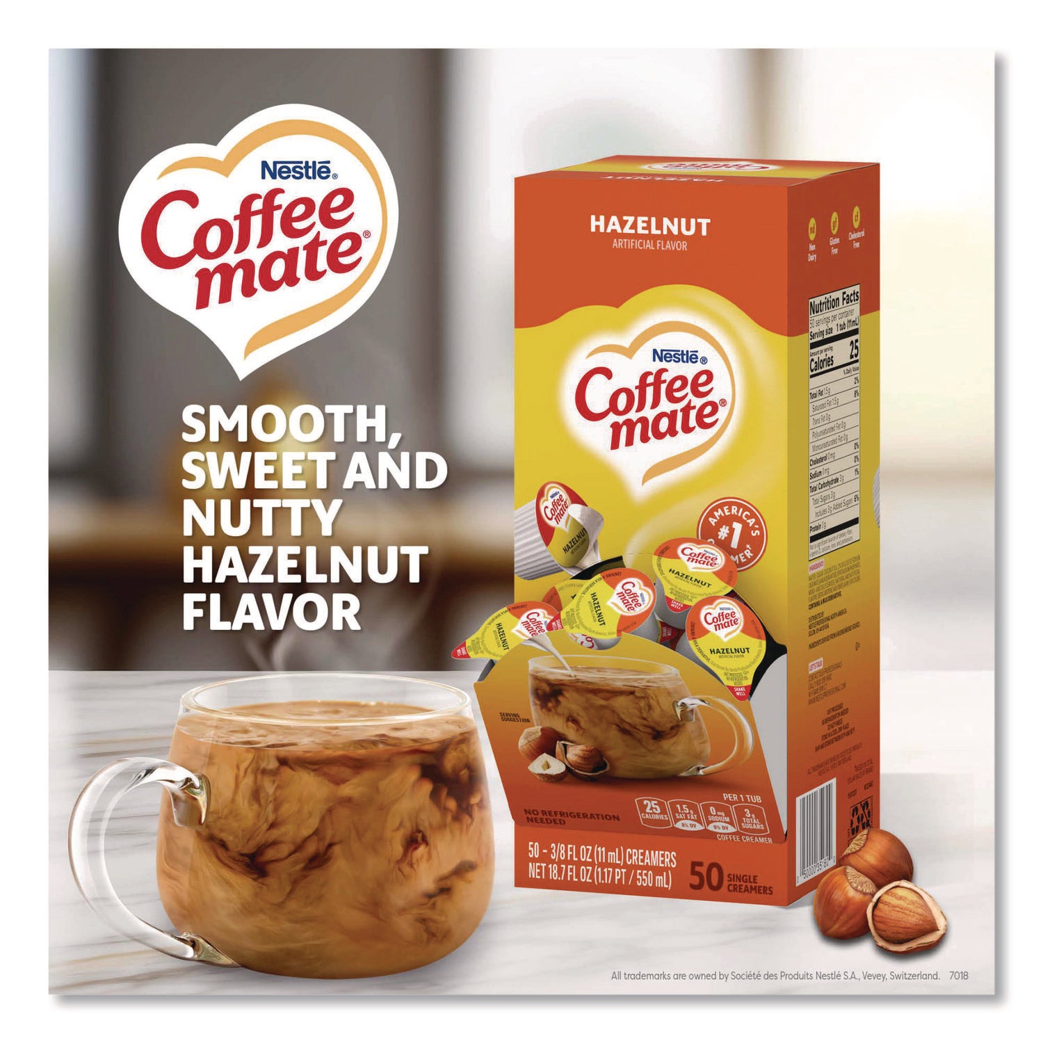Liquid Coffee Creamer, Hazelnut, 0.38 oz Mini Cups, 50/Box, 4 Boxes/Carton, 200 Total/Carton
