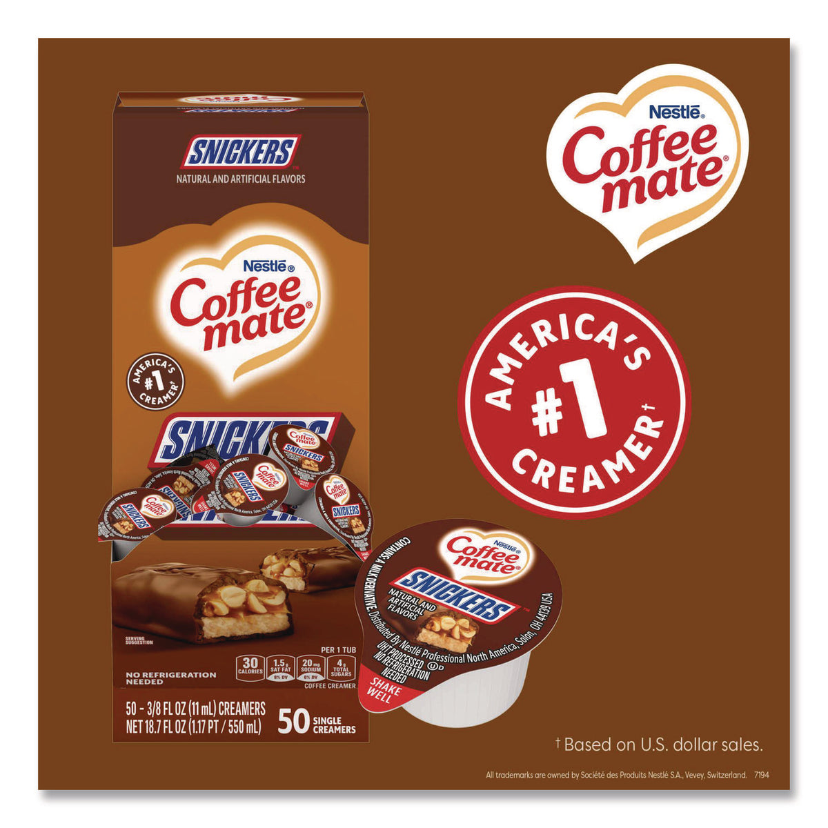 Liquid Coffee Creamer, Snickers, 0.38 oz Mini Cups, 50 Cups/Box