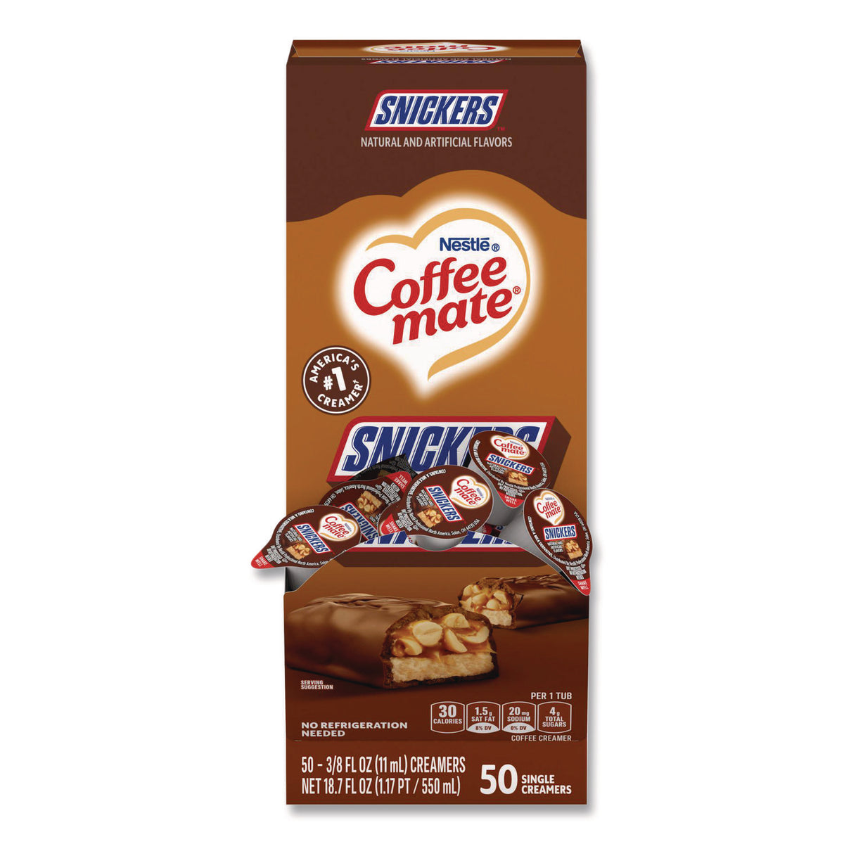 Liquid Coffee Creamer, Snickers, 0.38 oz Mini Cups, 50 Cups/Box