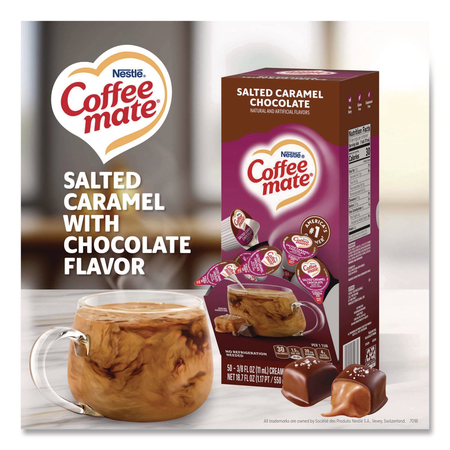 Liquid Coffee Creamer, Salted Caramel Chocolate, 0.38 oz Mini Cups, 50/Box, 4 Boxes/Carton, 200 Total/Carton