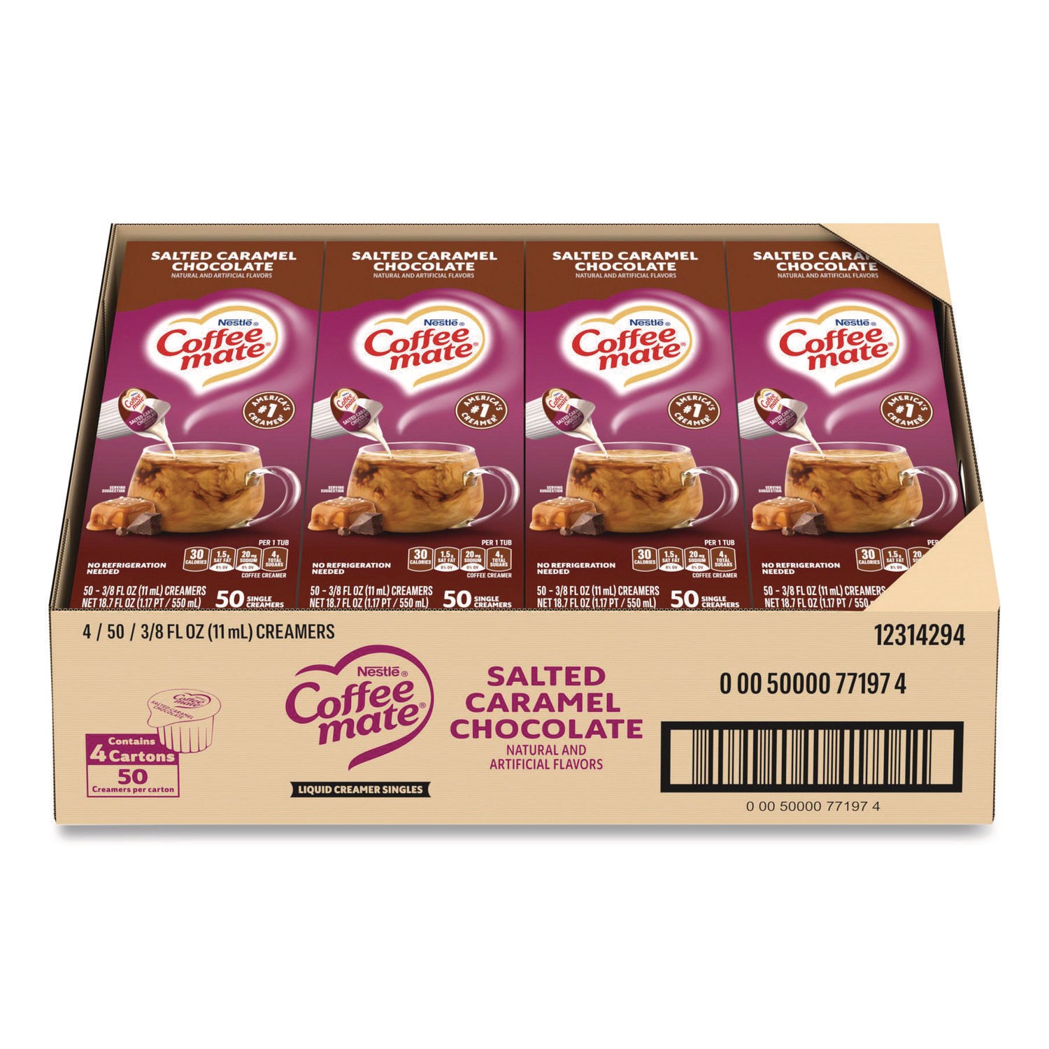 Liquid Coffee Creamer, Salted Caramel Chocolate, 0.38 oz Mini Cups, 50/Box, 4 Boxes/Carton, 200 Total/Carton