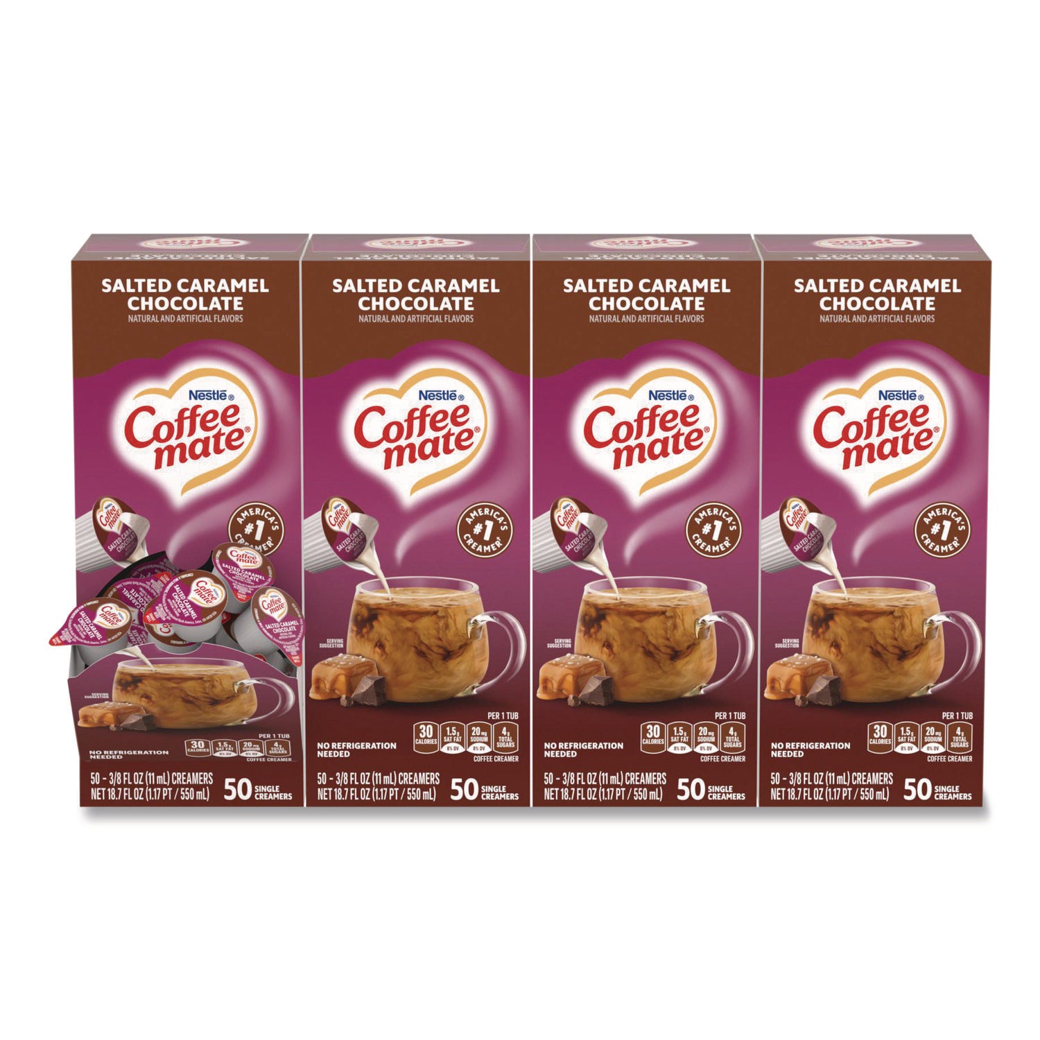 Liquid Coffee Creamer, Salted Caramel Chocolate, 0.38 oz Mini Cups, 50/Box, 4 Boxes/Carton, 200 Total/Carton