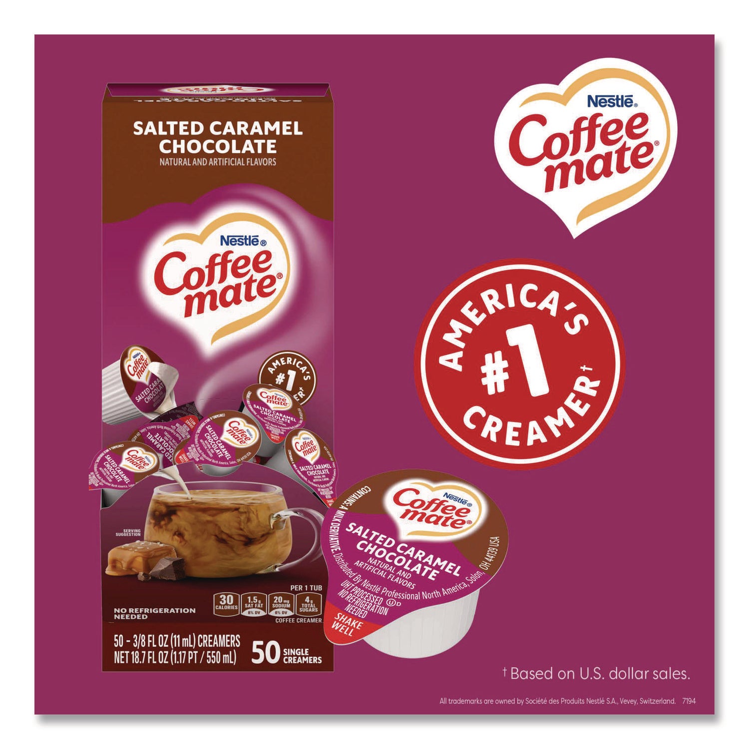 Liquid Coffee Creamer, Salted Caramel Chocolate, 0.38 oz Mini Cups, 50/Box