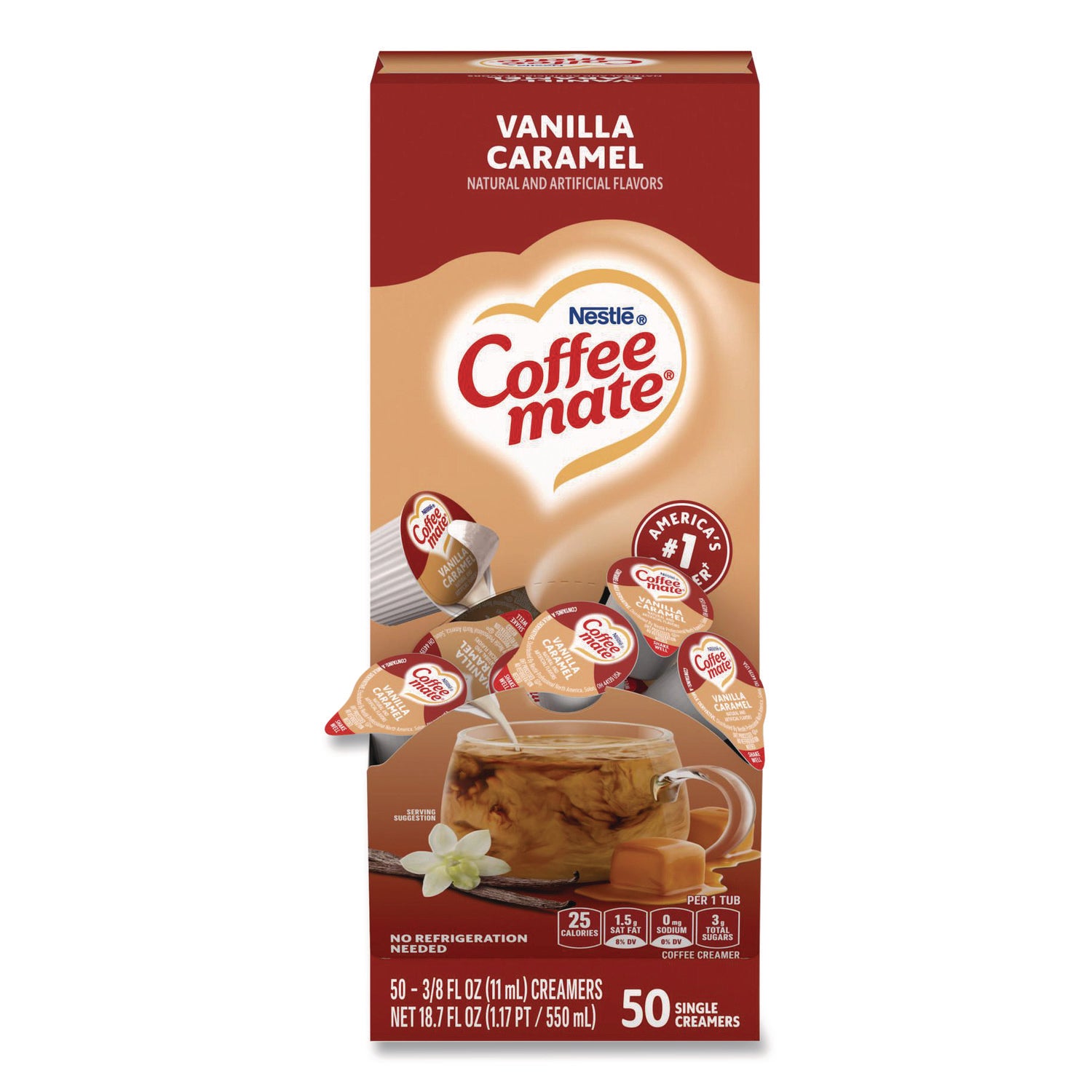 Liquid Coffee Creamer, Vanilla Caramel, 0.38 oz Mini Cups, 50/Box