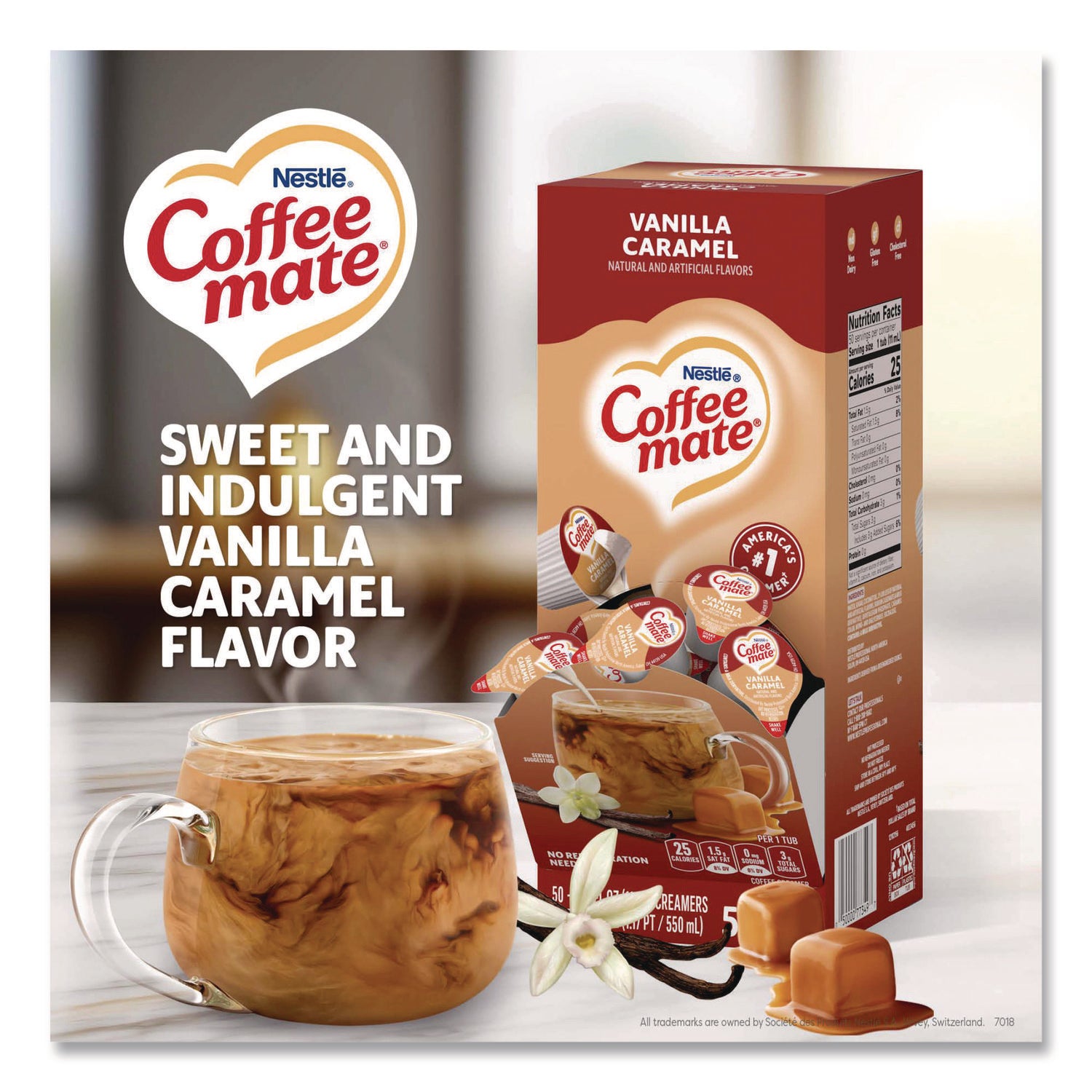 Liquid Coffee Creamer, Vanilla Caramel, 0.38 oz Mini Cups, 50/Box, 4 Boxes/Carton, 200 Total/Carton