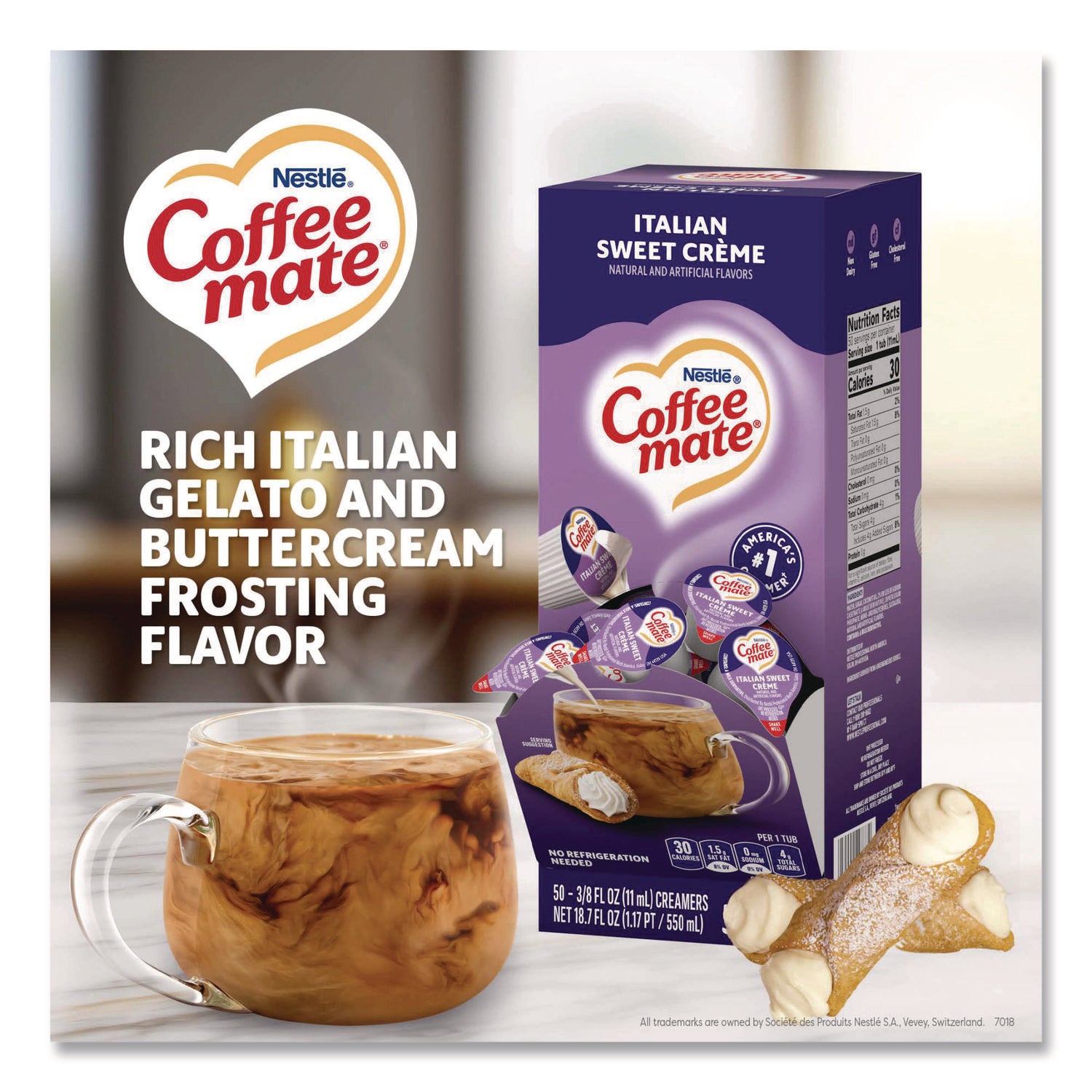 Liquid Coffee Creamer, Italian Sweet Creme, 0.38 oz Mini Cups, 50/Box, 4 Boxes/Carton, 200 Total/Carton