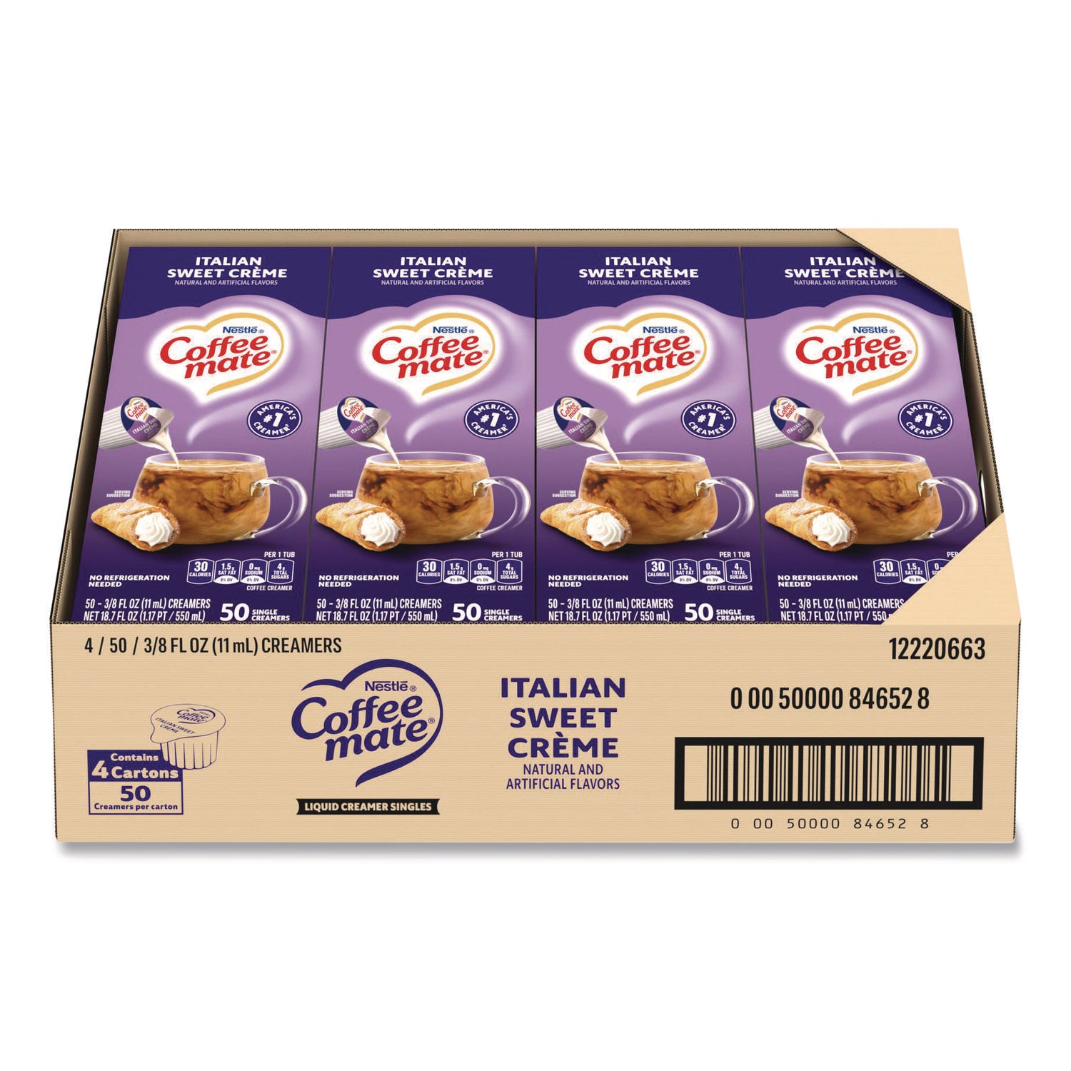 Liquid Coffee Creamer, Italian Sweet Creme, 0.38 oz Mini Cups, 50/Box, 4 Boxes/Carton, 200 Total/Carton