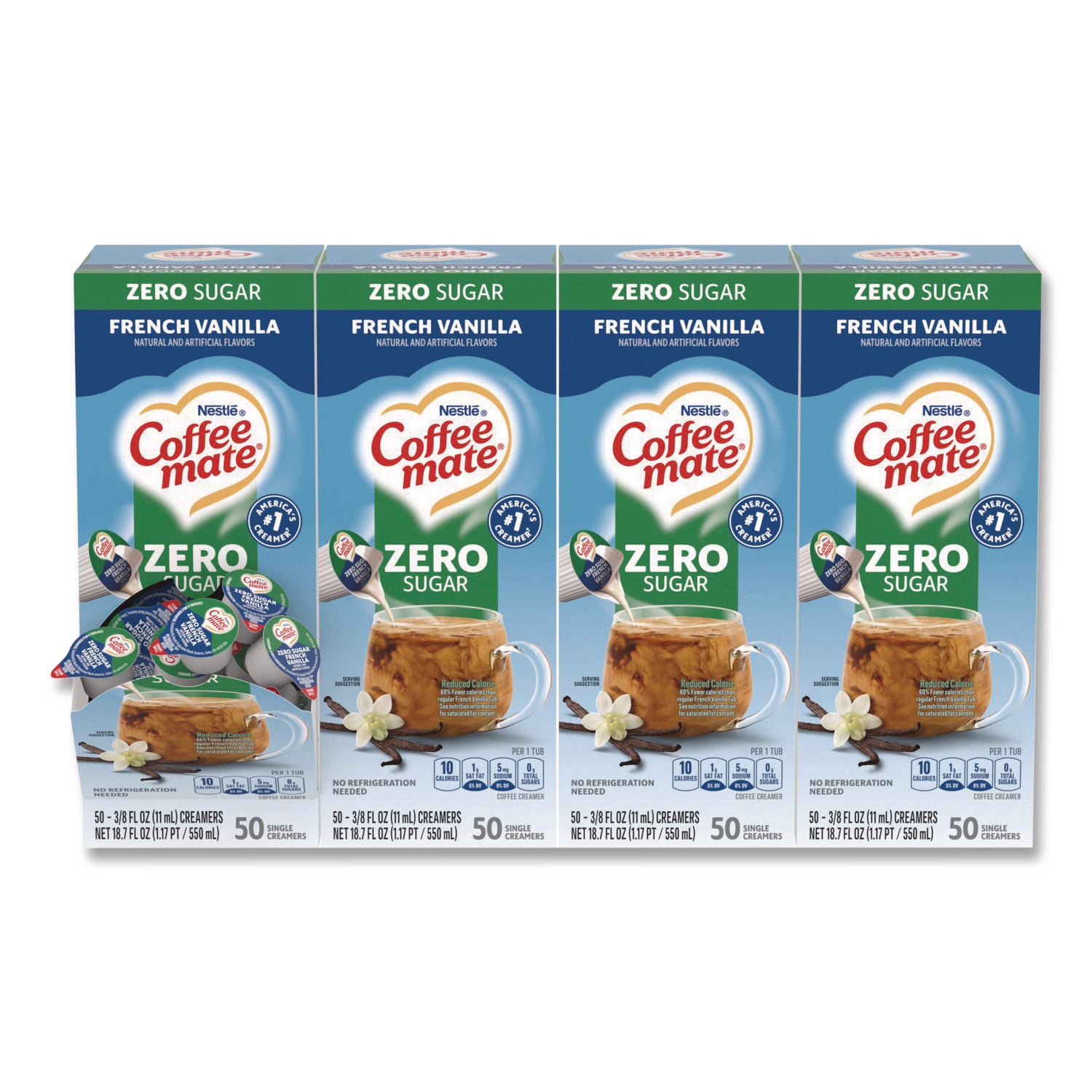 Liquid Coffee Creamer, Zero Sugar French Vanilla, 0.38 oz Mini Cups, 50/Box, 4 Boxes/Carton, 200 Total/Carton
