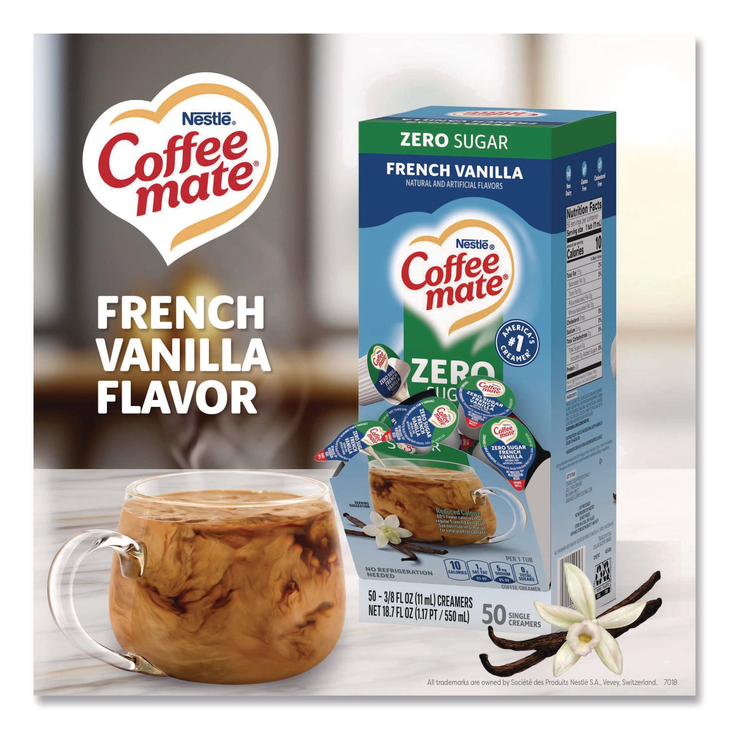 Liquid Coffee Creamer, Zero Sugar French Vanilla, 0.38 oz Mini Cups, 50/Box, 4 Boxes/Carton, 200 Total/Carton