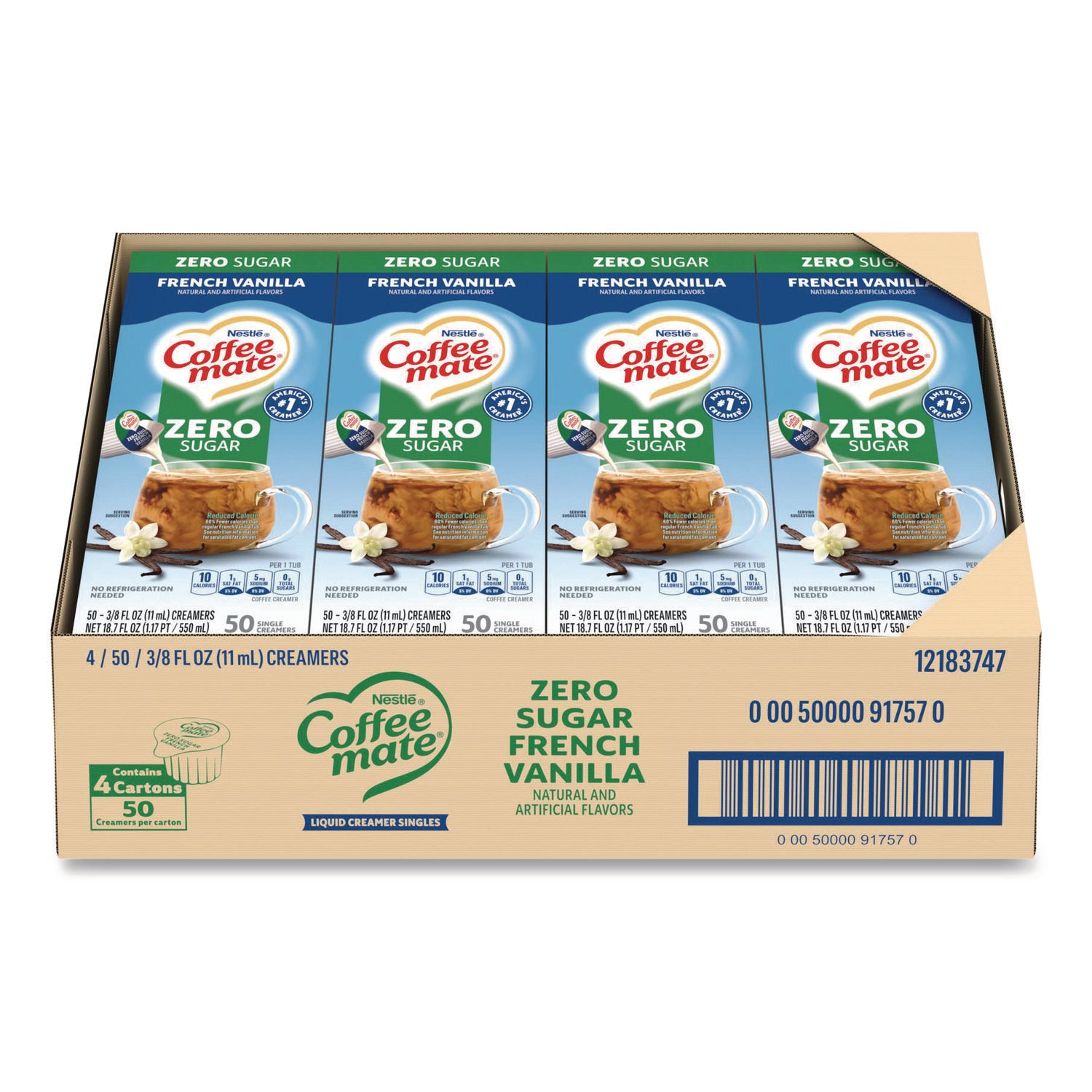 Liquid Coffee Creamer, Zero Sugar French Vanilla, 0.38 oz Mini Cups, 50/Box, 4 Boxes/Carton, 200 Total/Carton