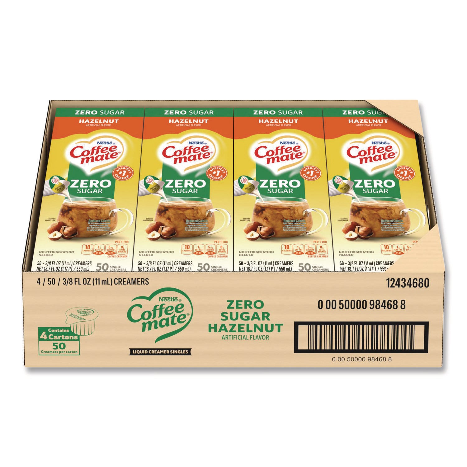 Liquid Coffee Creamer, Zero Sugar Hazelnut, 0.38 oz Mini Cups, 50/Box, 4 Boxes/Carton