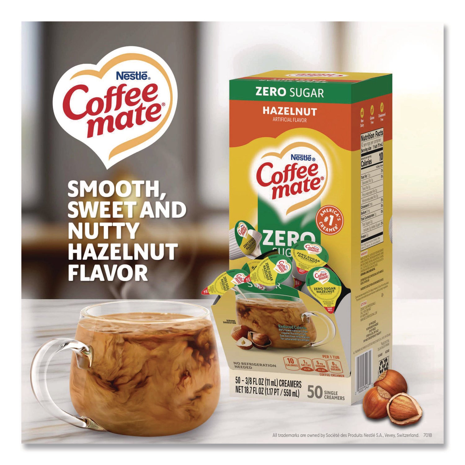Liquid Coffee Creamer, Zero Sugar Hazelnut, 0.38 oz Mini Cups, 50/Box, 4 Boxes/Carton