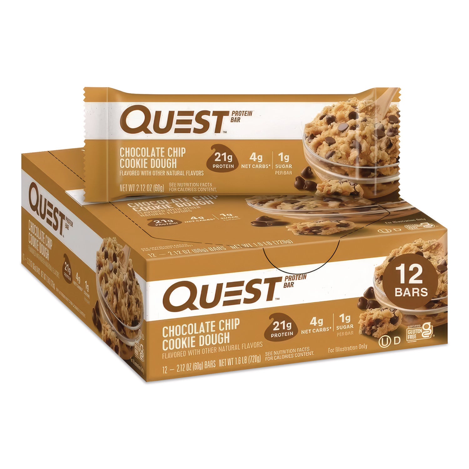 Protein Bars, Chocolate Chip Cookie Dough, 2.12 oz Bar, 12 Bars/Box