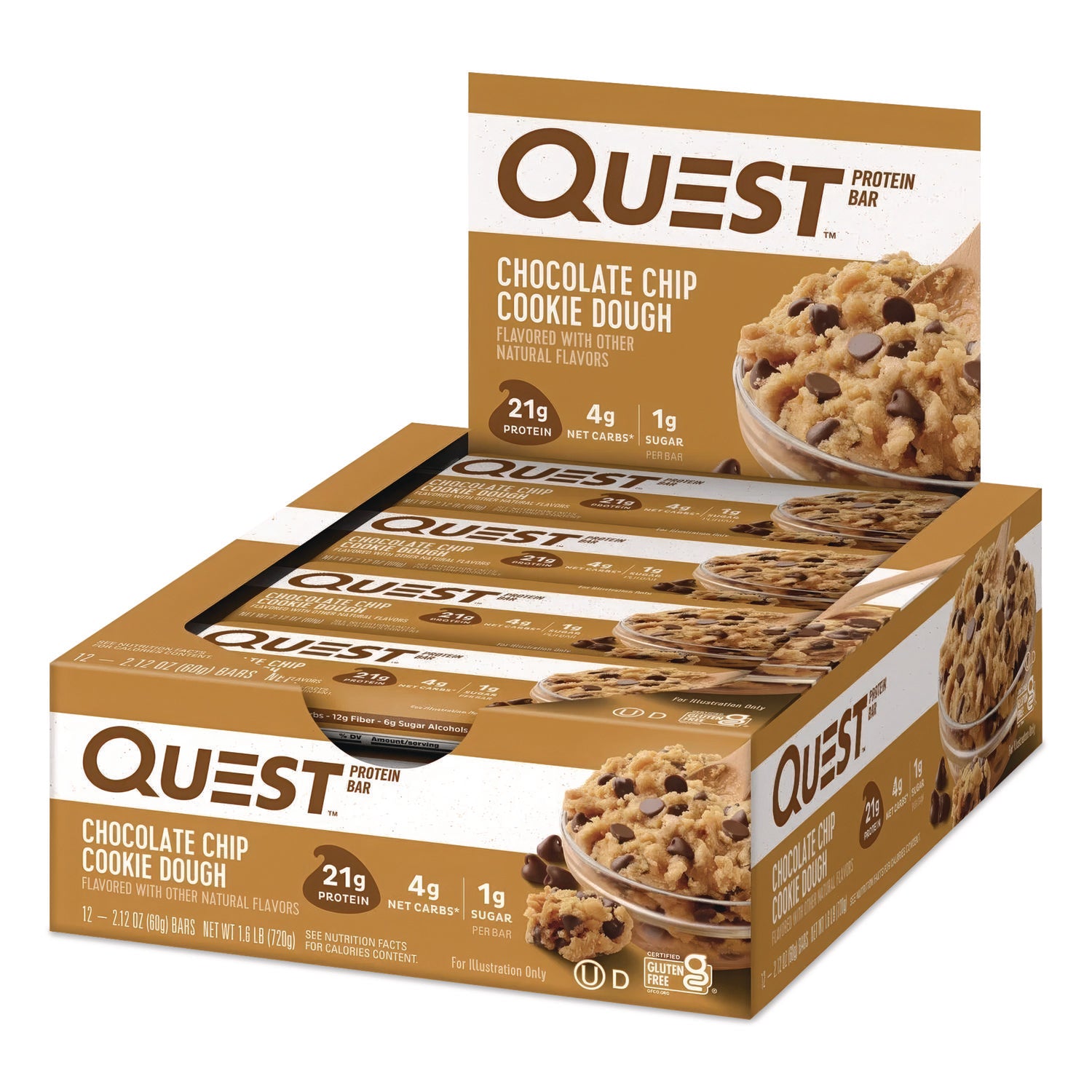 Protein Bars, Chocolate Chip Cookie Dough, 2.12 oz Bar, 12 Bars/Box