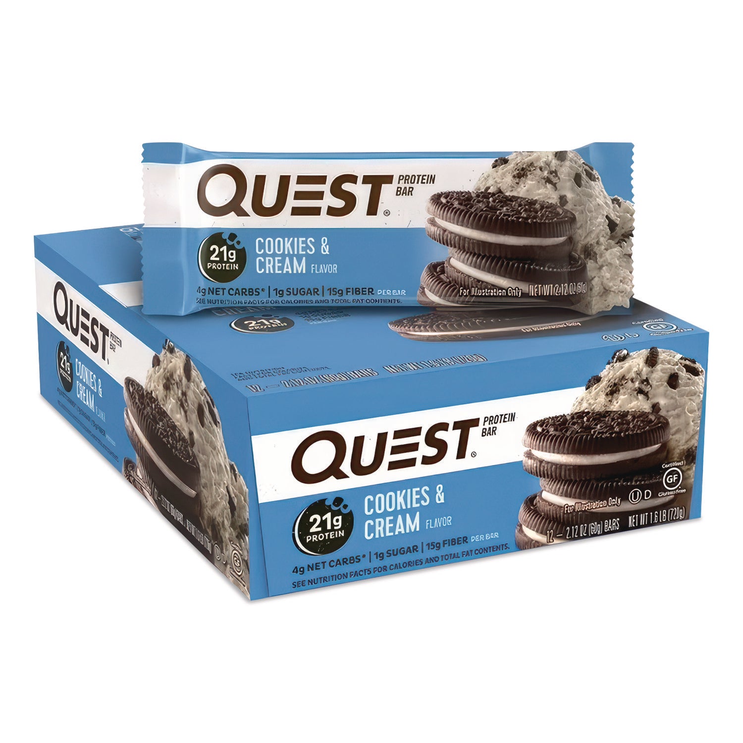 Protein Bars, Cookies and Cream, 2.12 oz Bar, 12 Bars/Box