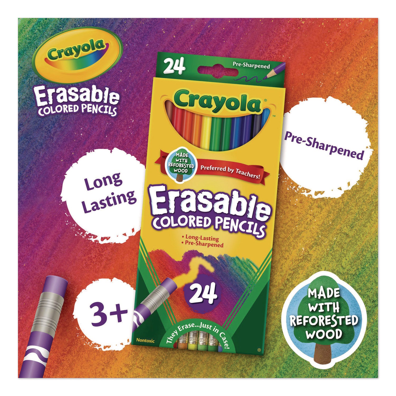 Erasable Color Pencil Set, 3.3 mm, 2B, Assorted Lead and Barrel Colors, 24/Pack