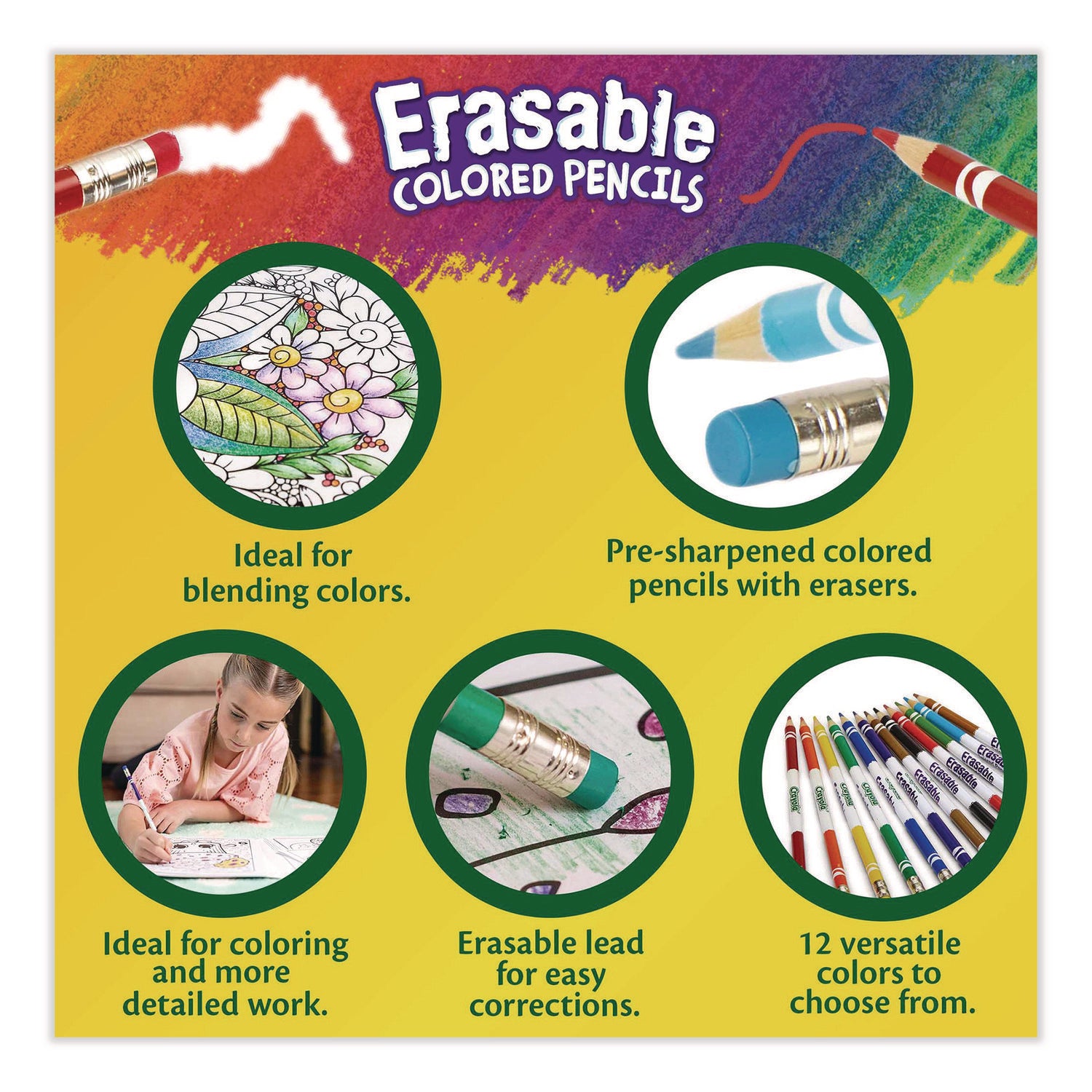 Erasable Color Pencil Set, 3.3 mm, 2B, Assorted Lead and Barrel Colors, Dozen