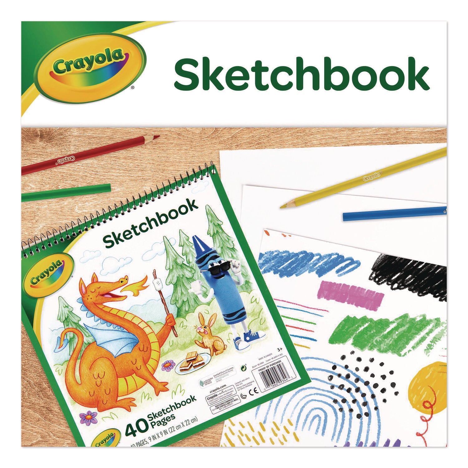 Animal Animations Wirebound Sketchpad, Unruled, Gold/Green Cover, 40 White 9 x 9 Sheets