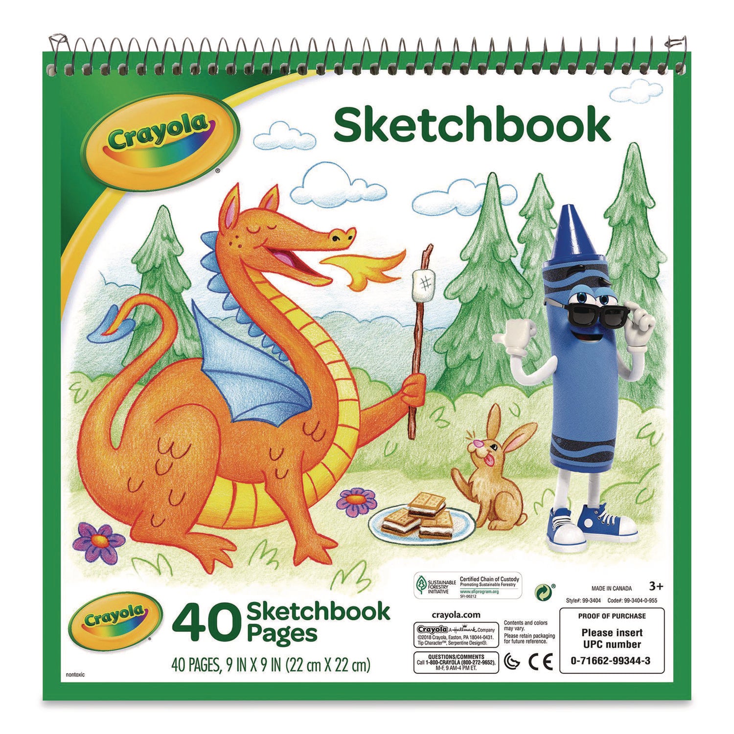Animal Animations Wirebound Sketchpad, Unruled, Gold/Green Cover, 40 White 9 x 9 Sheets