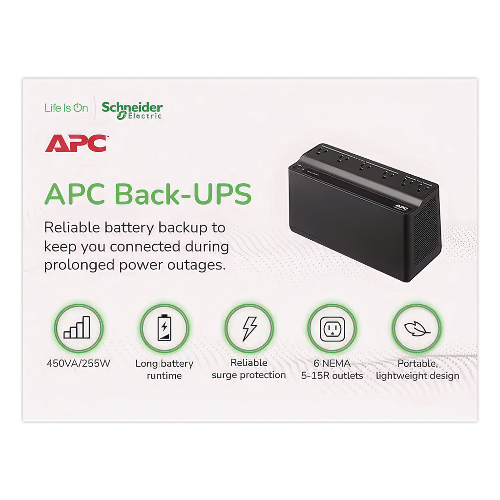 BN450M Back-UPS 450 VA Battery Backup System, 6 Outlets, 450 VA, 180 J