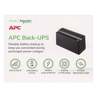 BN450M Back-UPS 450 VA Battery Backup System, 6 Outlets, 450 VA, 180 J